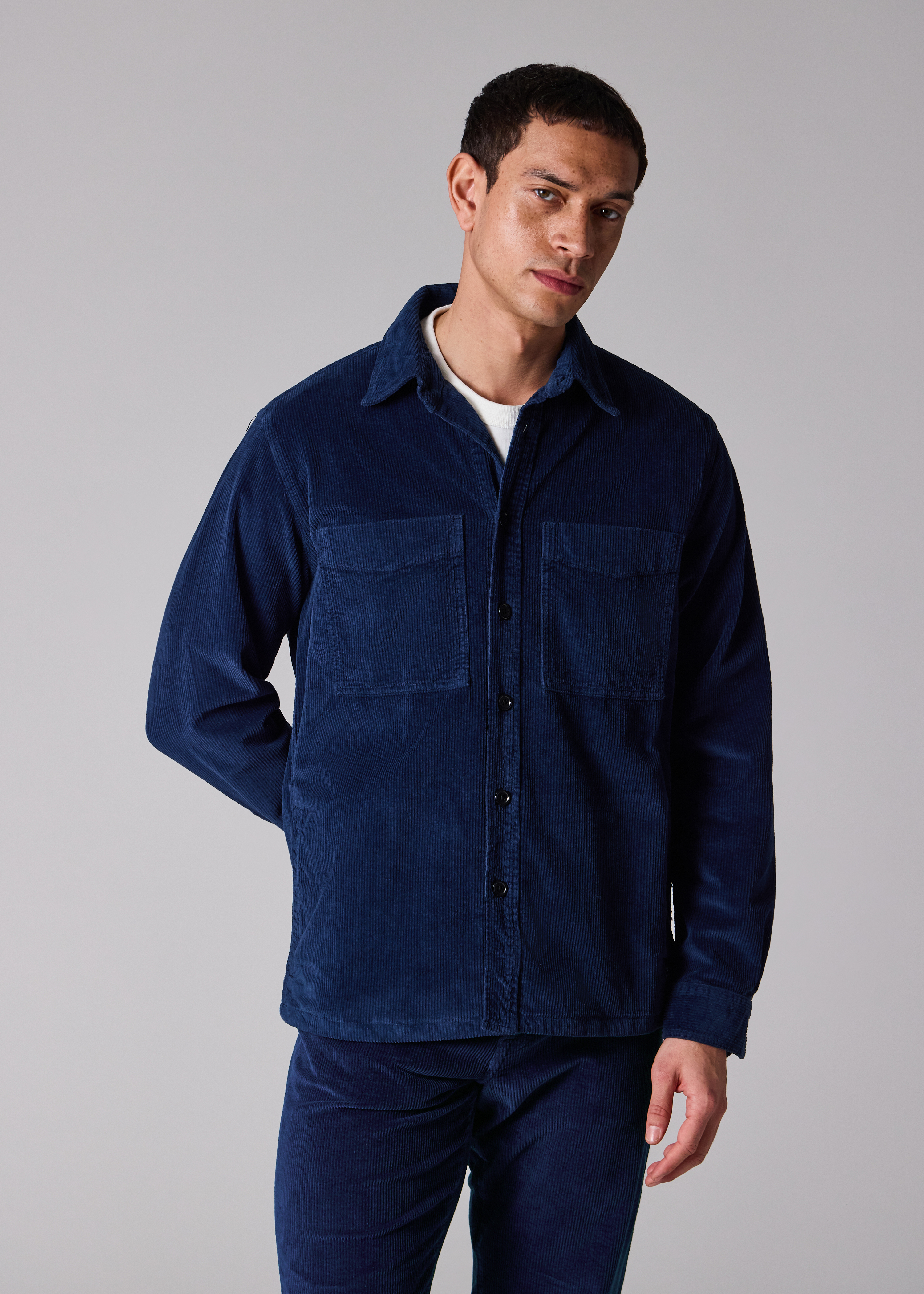 Dark Blue Corduroy Patch-Pocket Overshirt