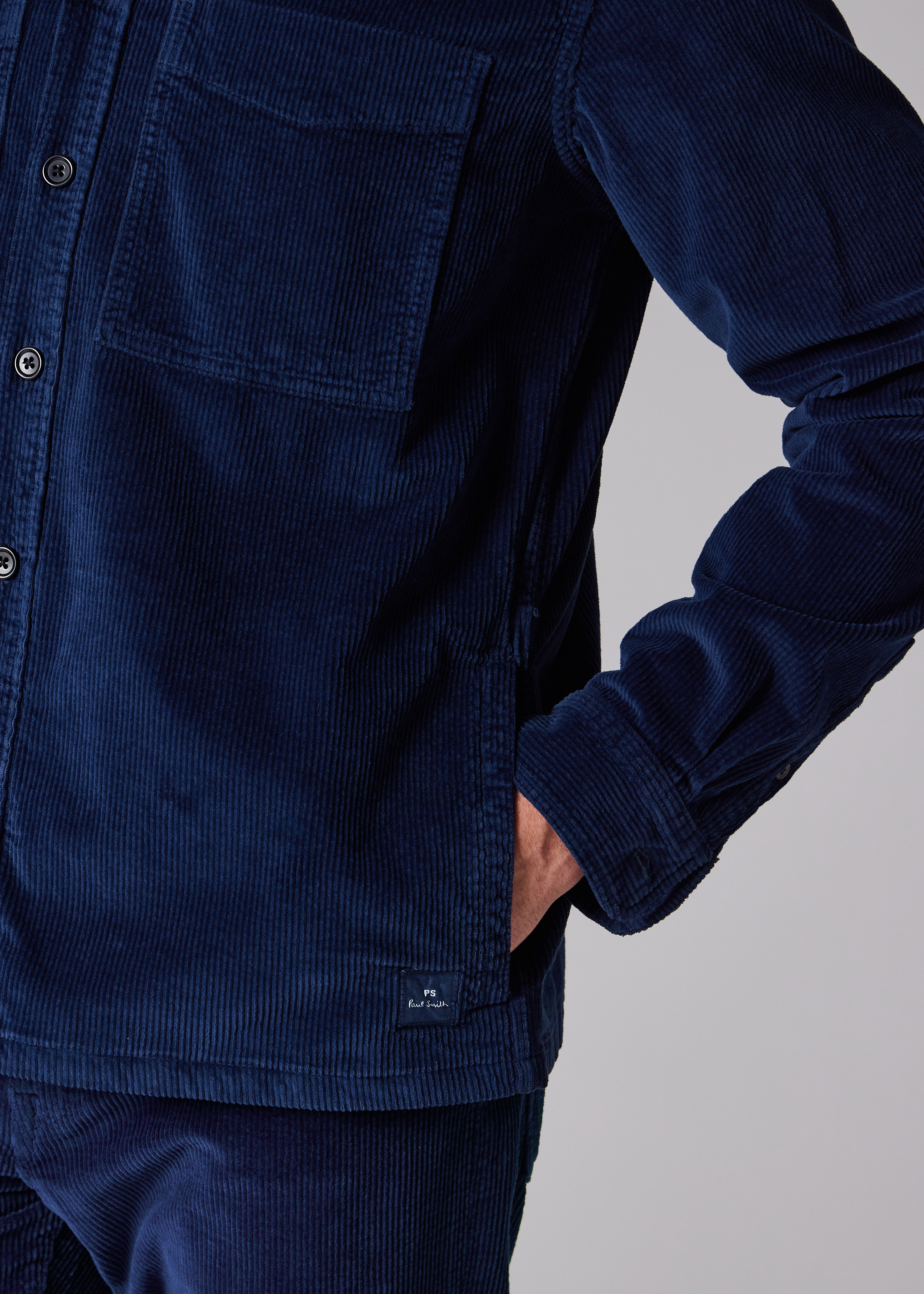 Dark Blue Corduroy Patch-Pocket Overshirt