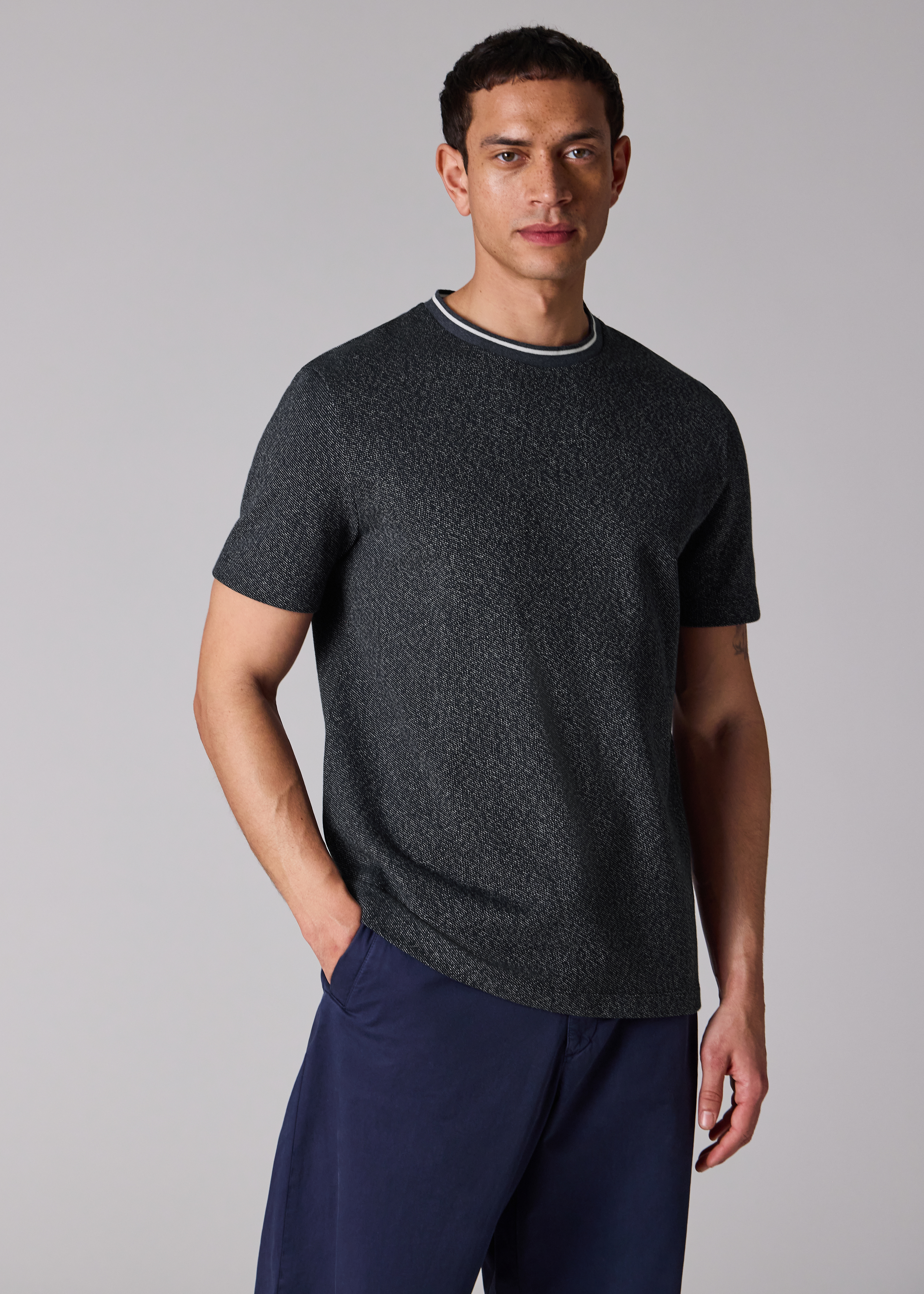 Navy Cotton-Pique Contrast Collar T-Shirt