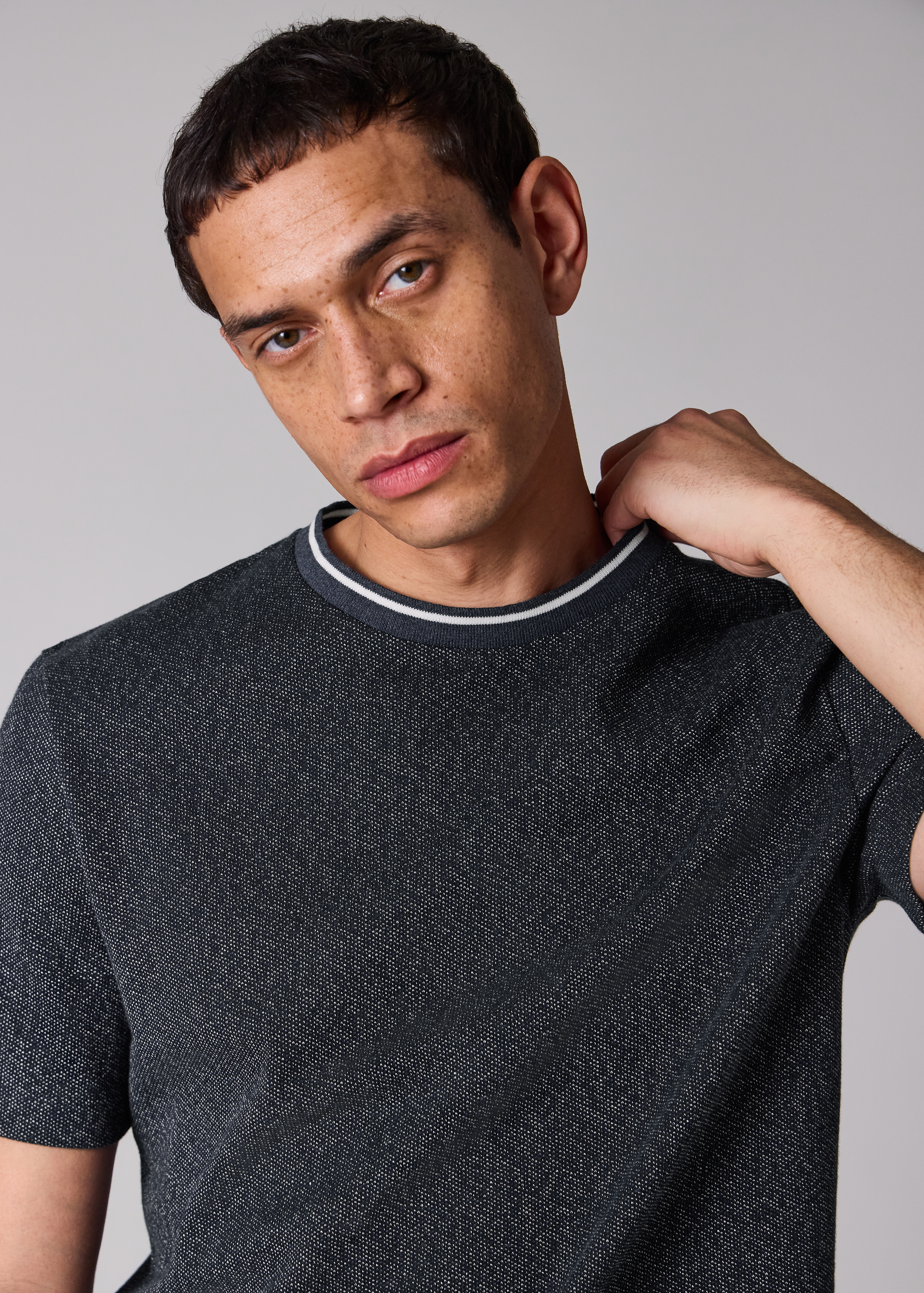 Navy Cotton-Pique Contrast Collar T-Shirt