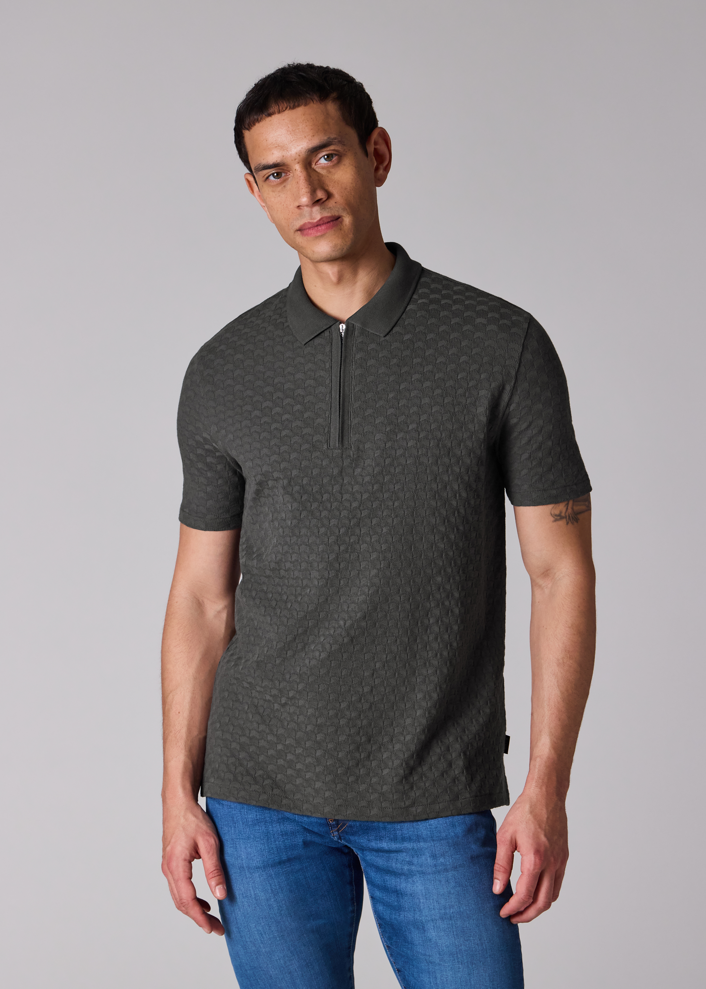Dark Grey Jacquard Cotton Zip Polo Shirt