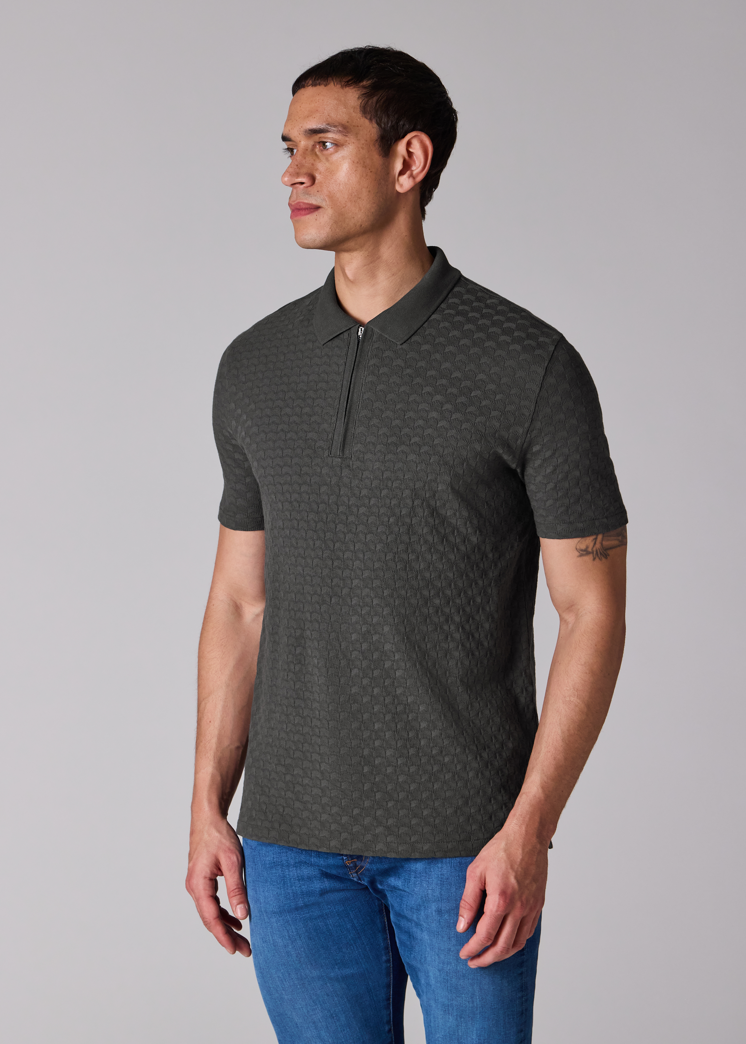 Dark Grey Jacquard Cotton Zip Polo Shirt