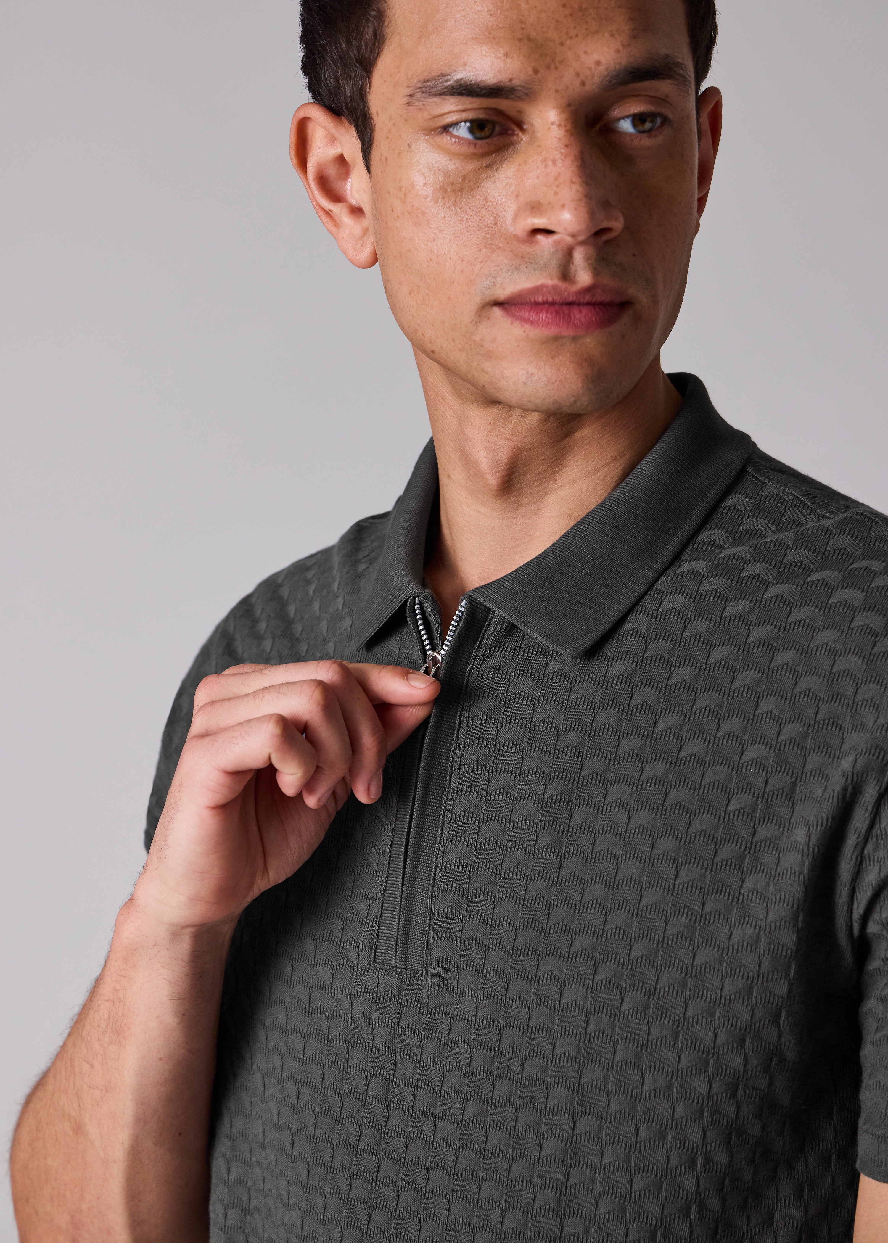 Dark Grey Jacquard Cotton Zip Polo Shirt