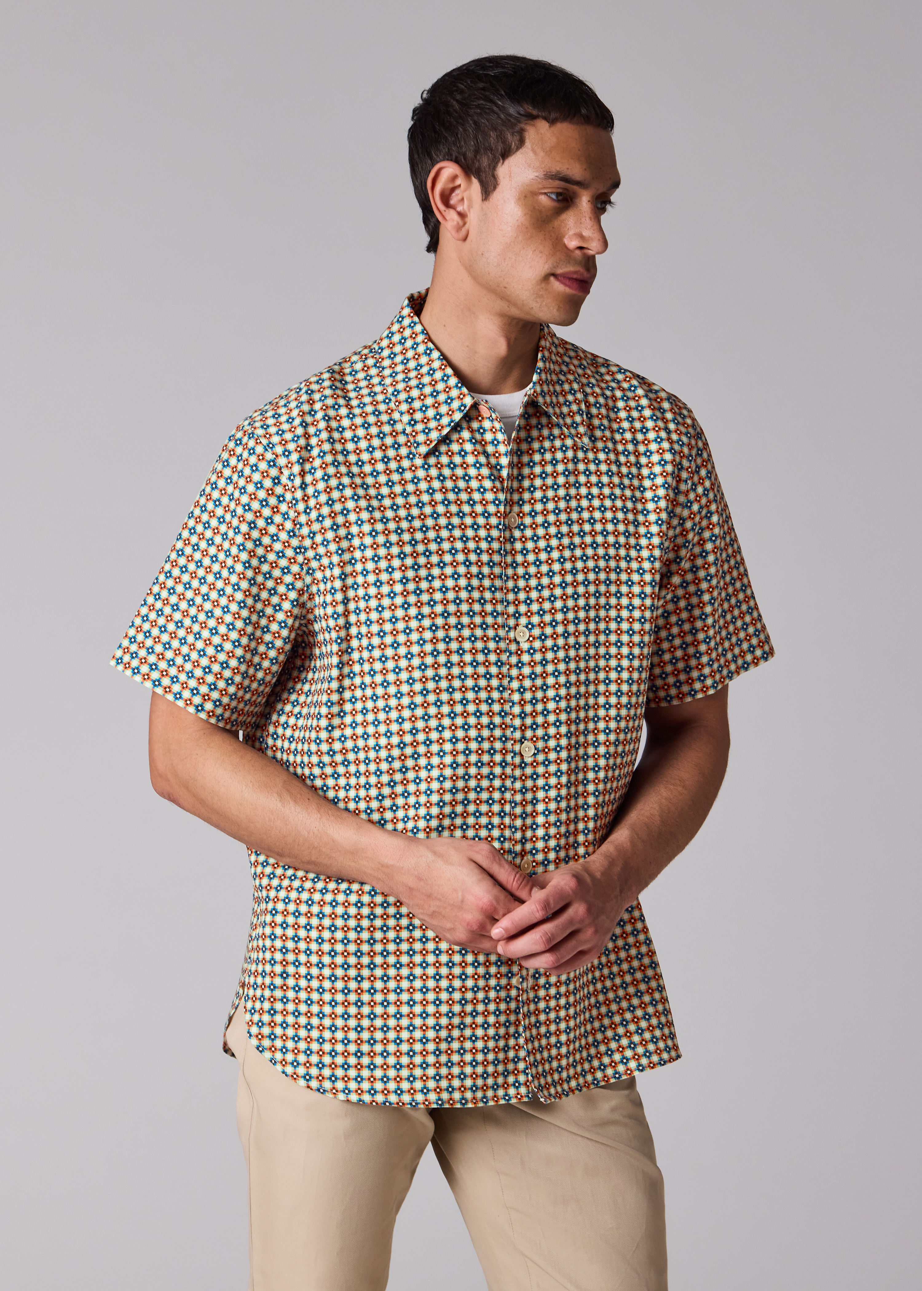 Ecru 'Geo Tile' Print Lyocell-Cotton Shirt