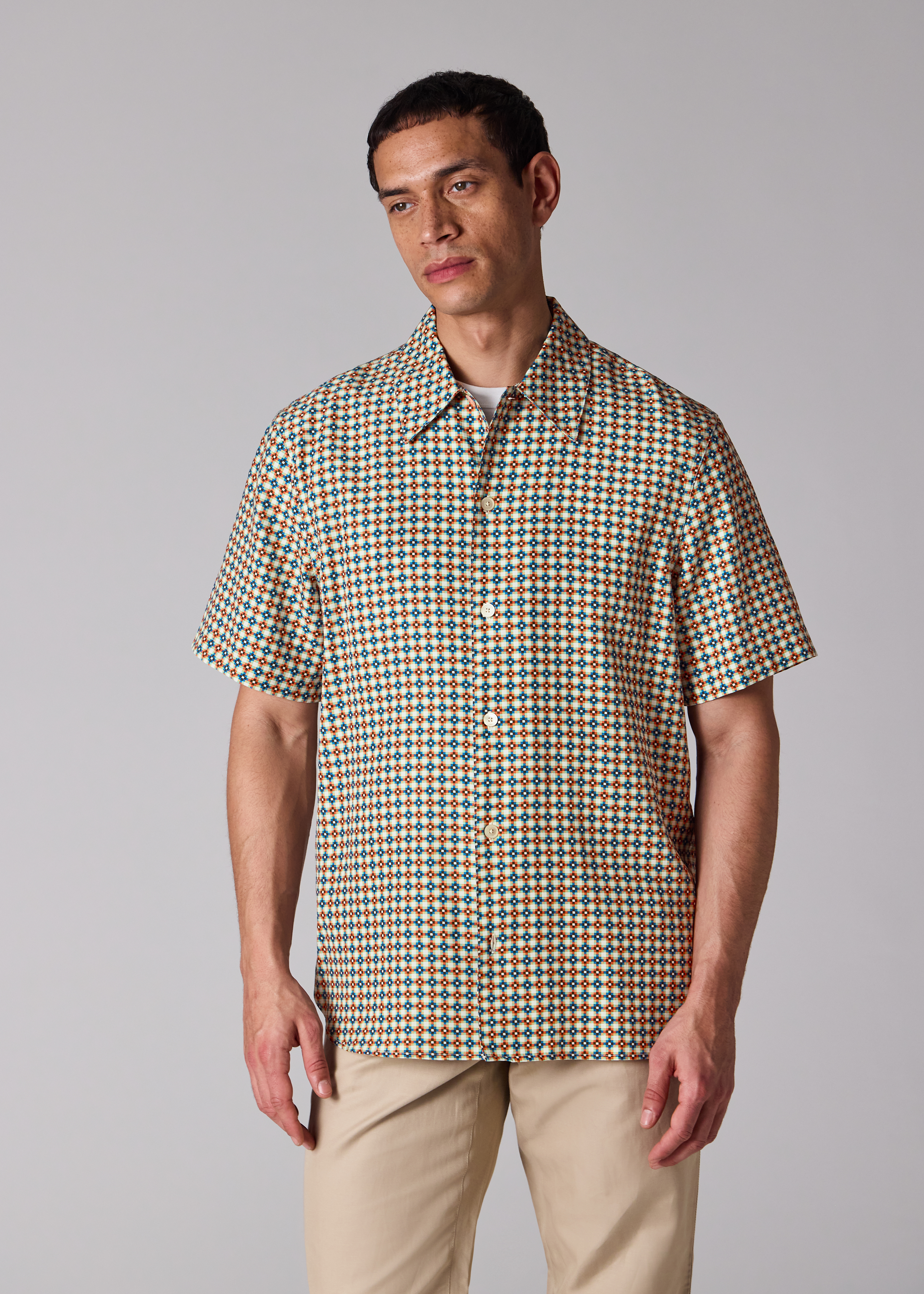 Ecru 'Geo Tile' Print Lyocell-Cotton Shirt