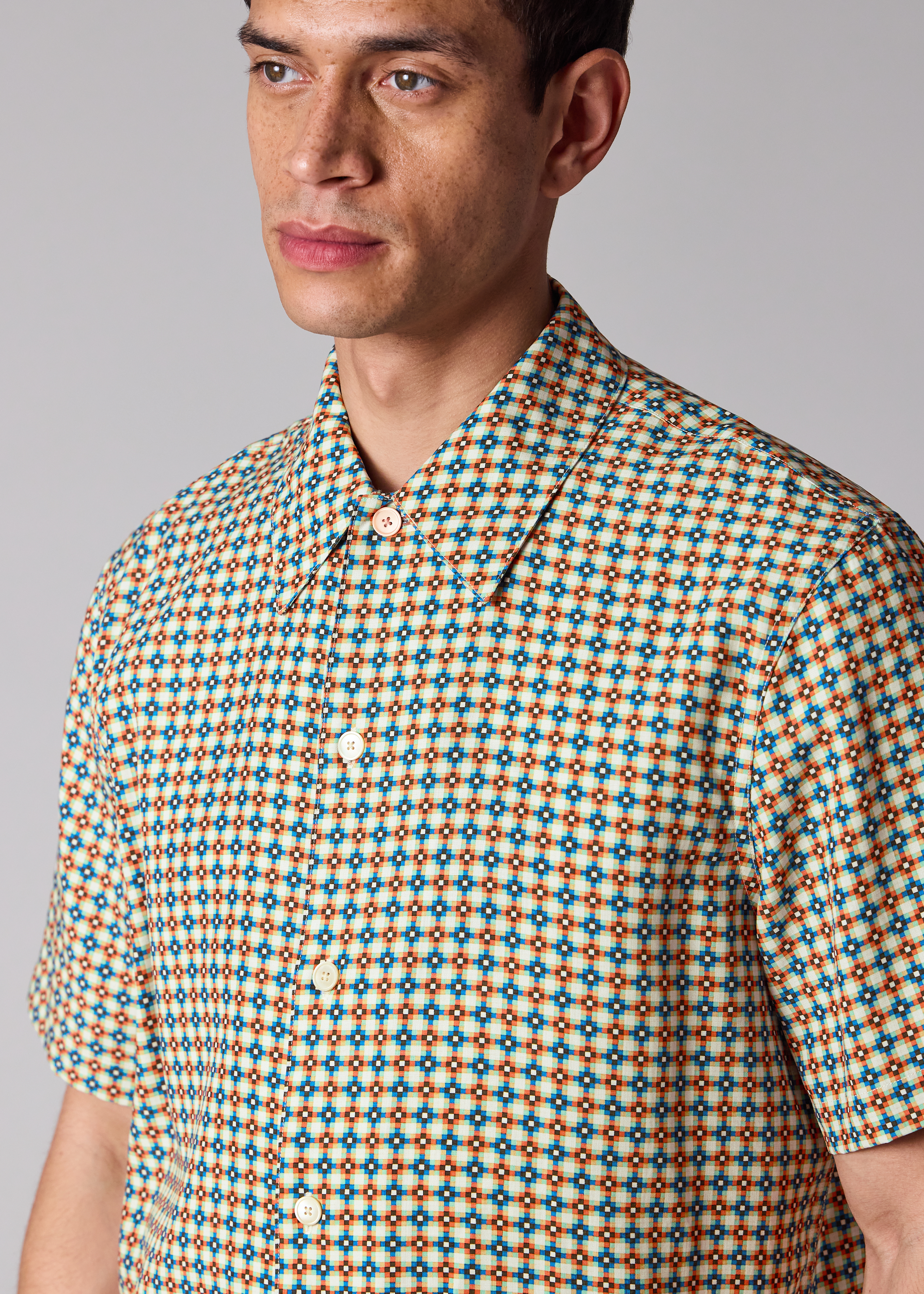 Ecru 'Geo Tile' Print Lyocell-Cotton Shirt