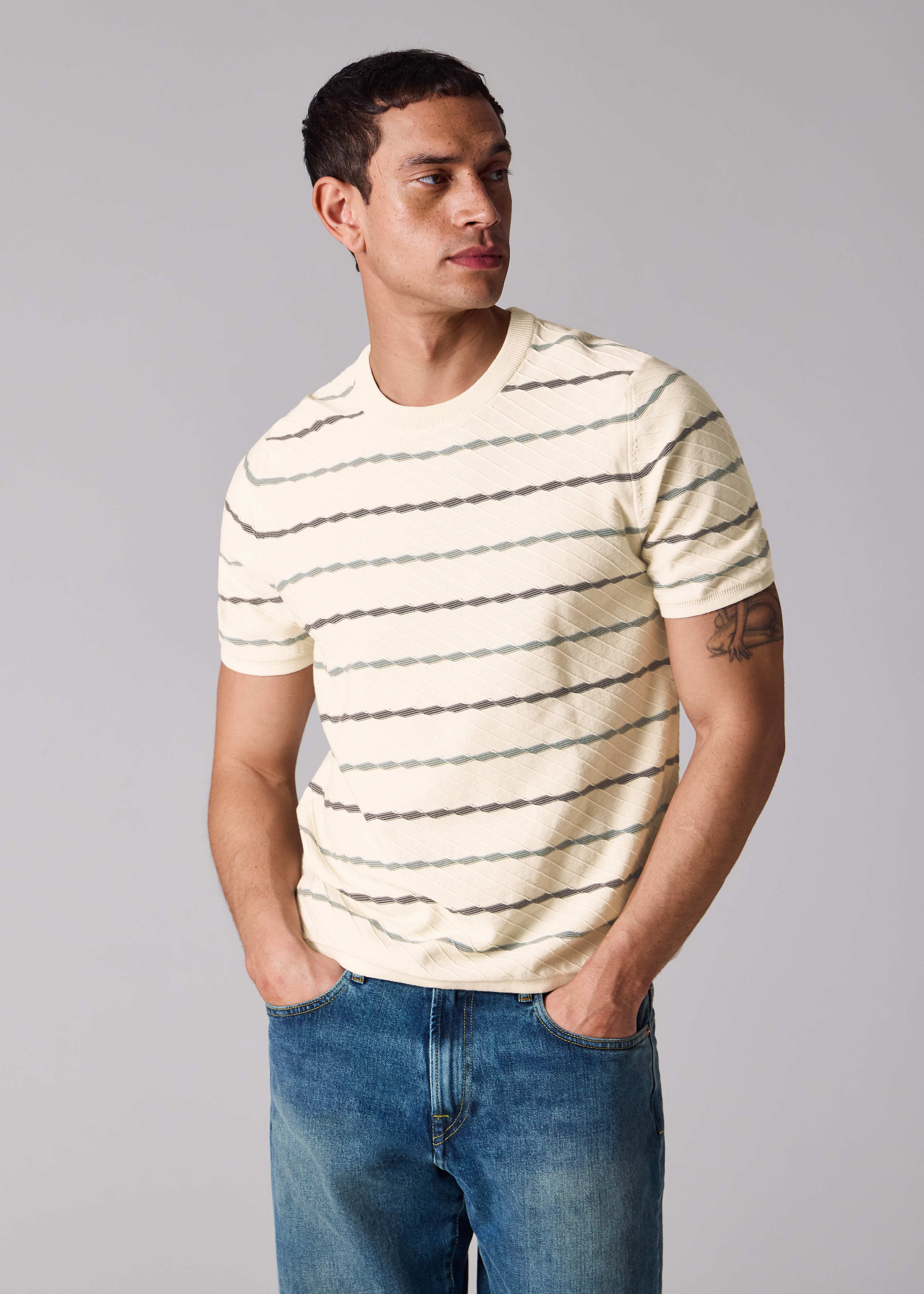 Ecru Textured Stripe Knitted Cotton T-Shirt