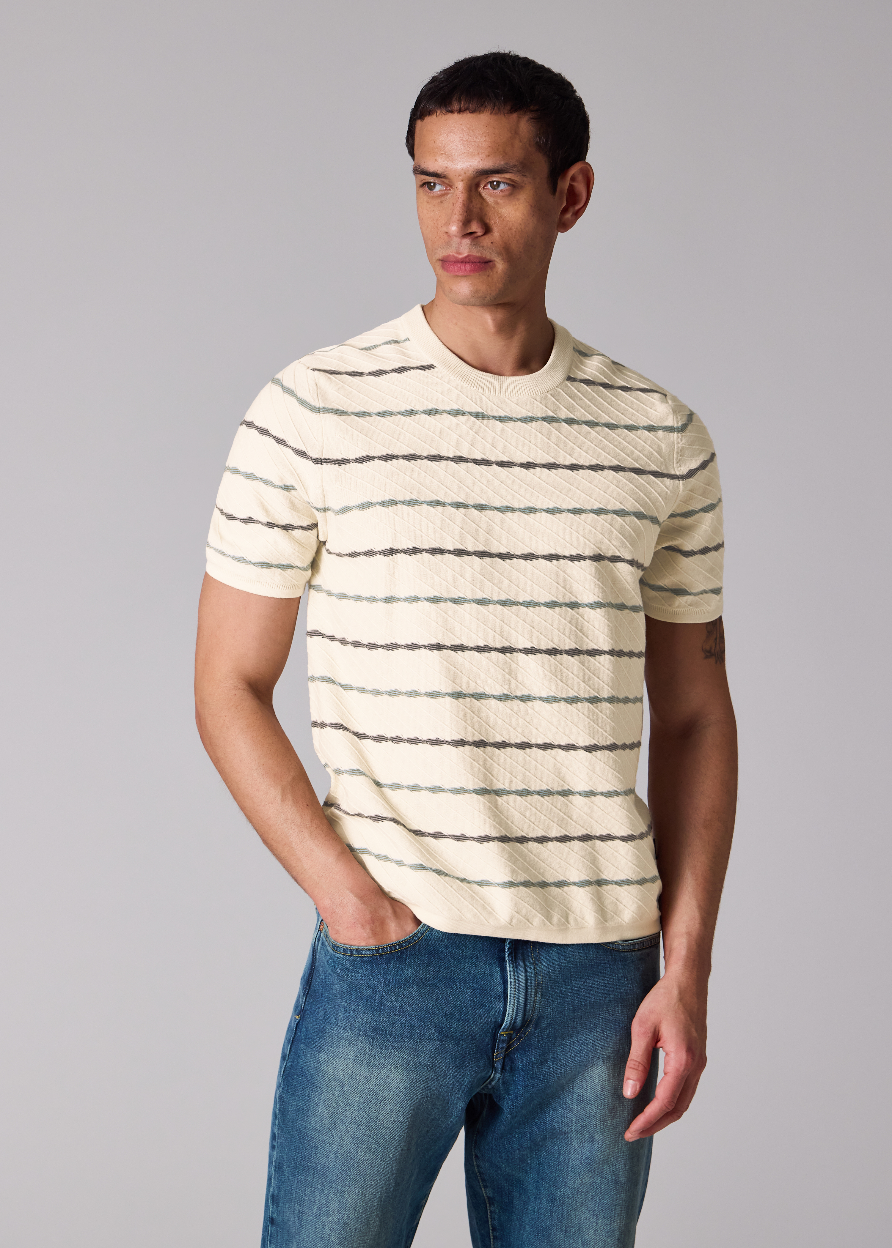 Ecru Textured Stripe Knitted Cotton T-Shirt