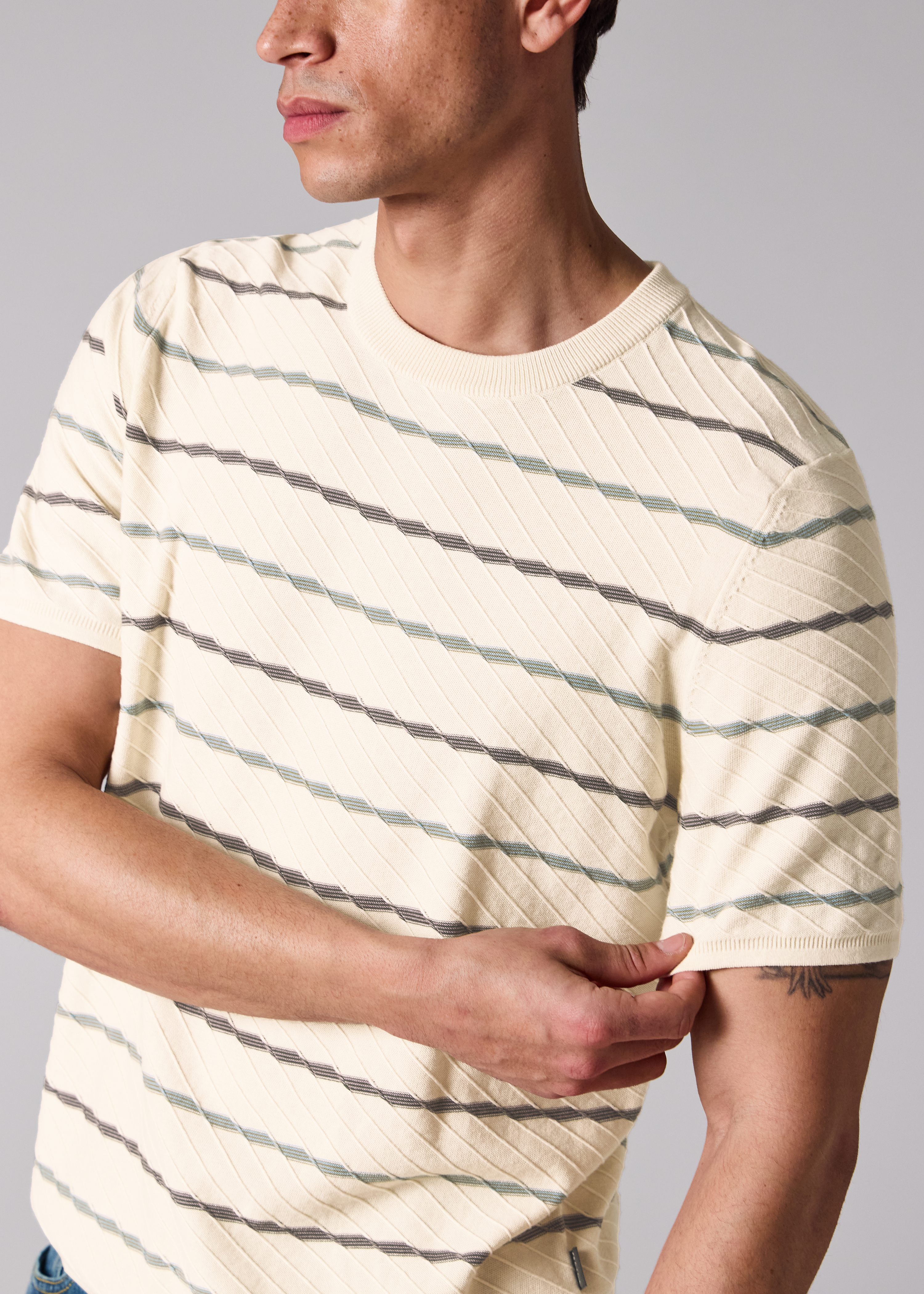 Ecru Textured Stripe Knitted Cotton T-Shirt