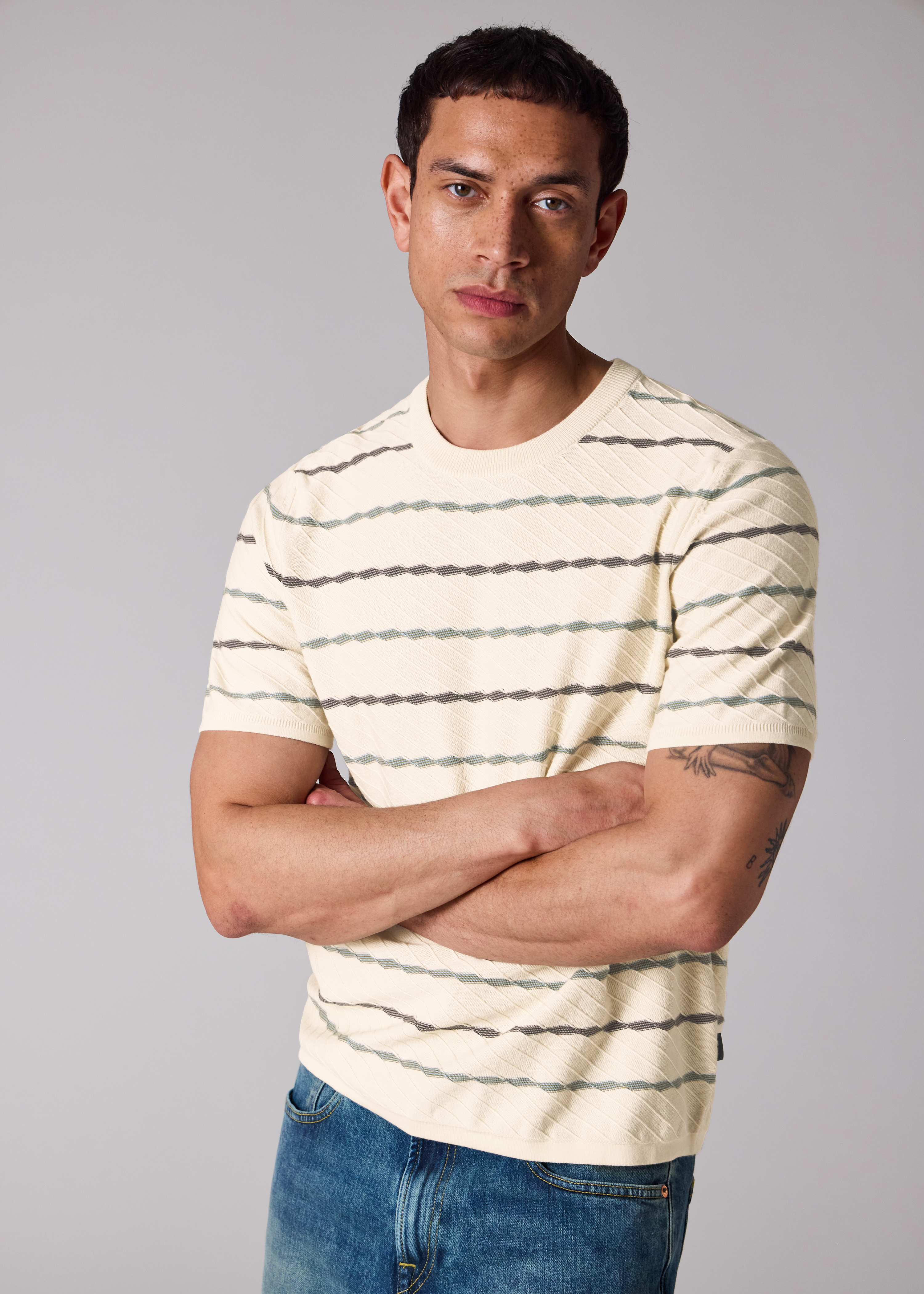 Ecru Textured Stripe Knitted Cotton T-Shirt