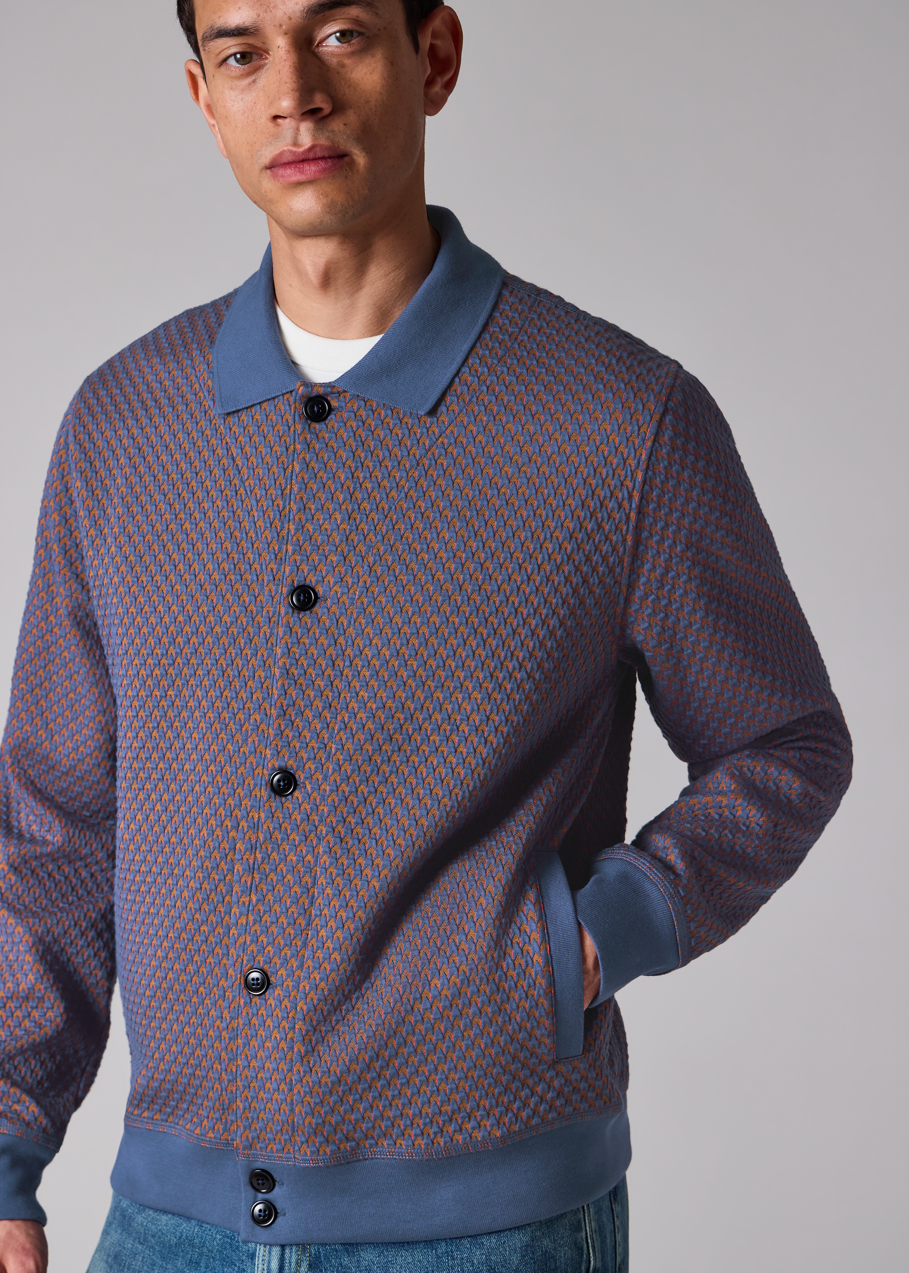 Dark Blue Cotton-Blend Jacquard Cardigan