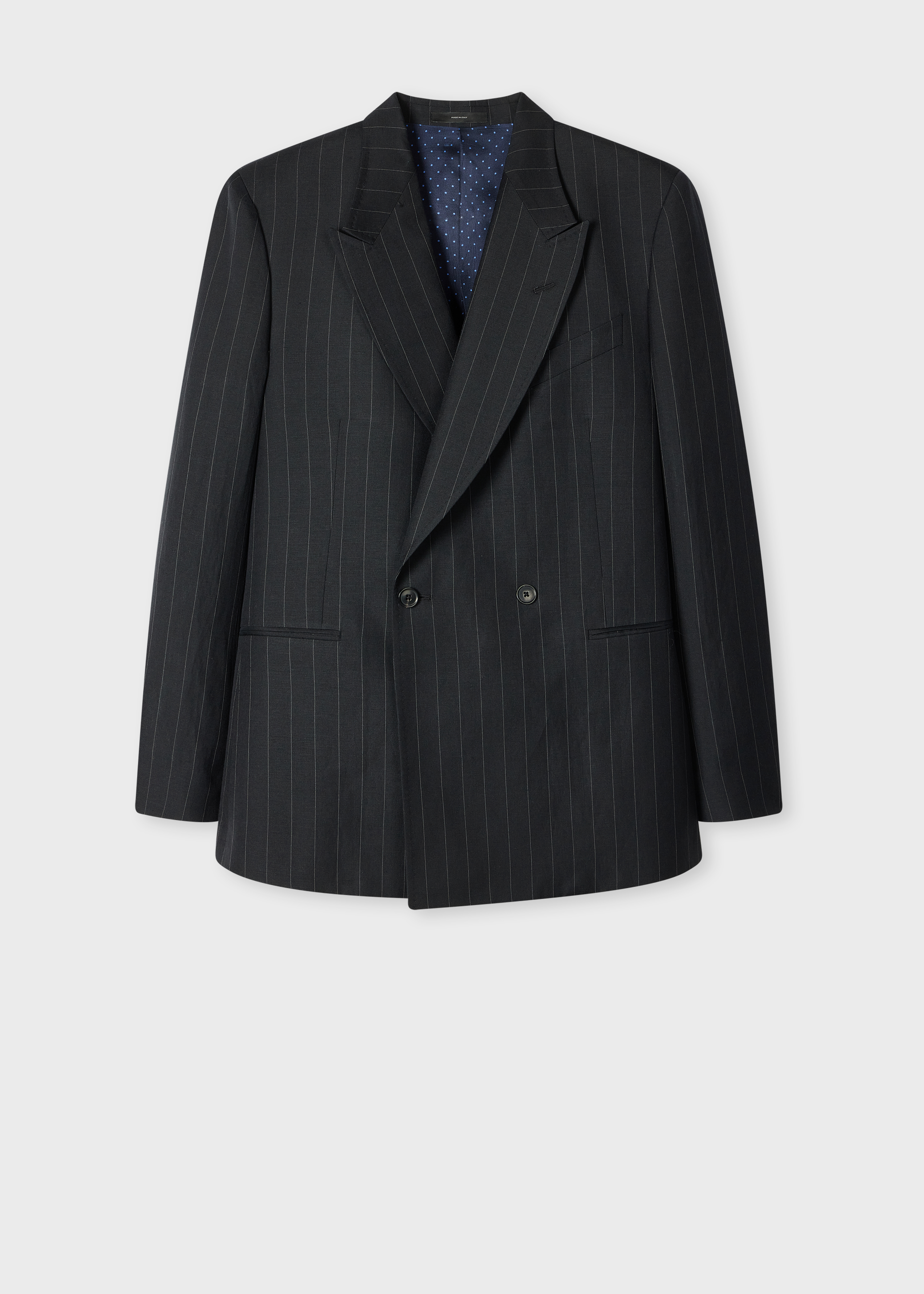 Black Wool-Linen Pinstripe Double-Breasted Blazer