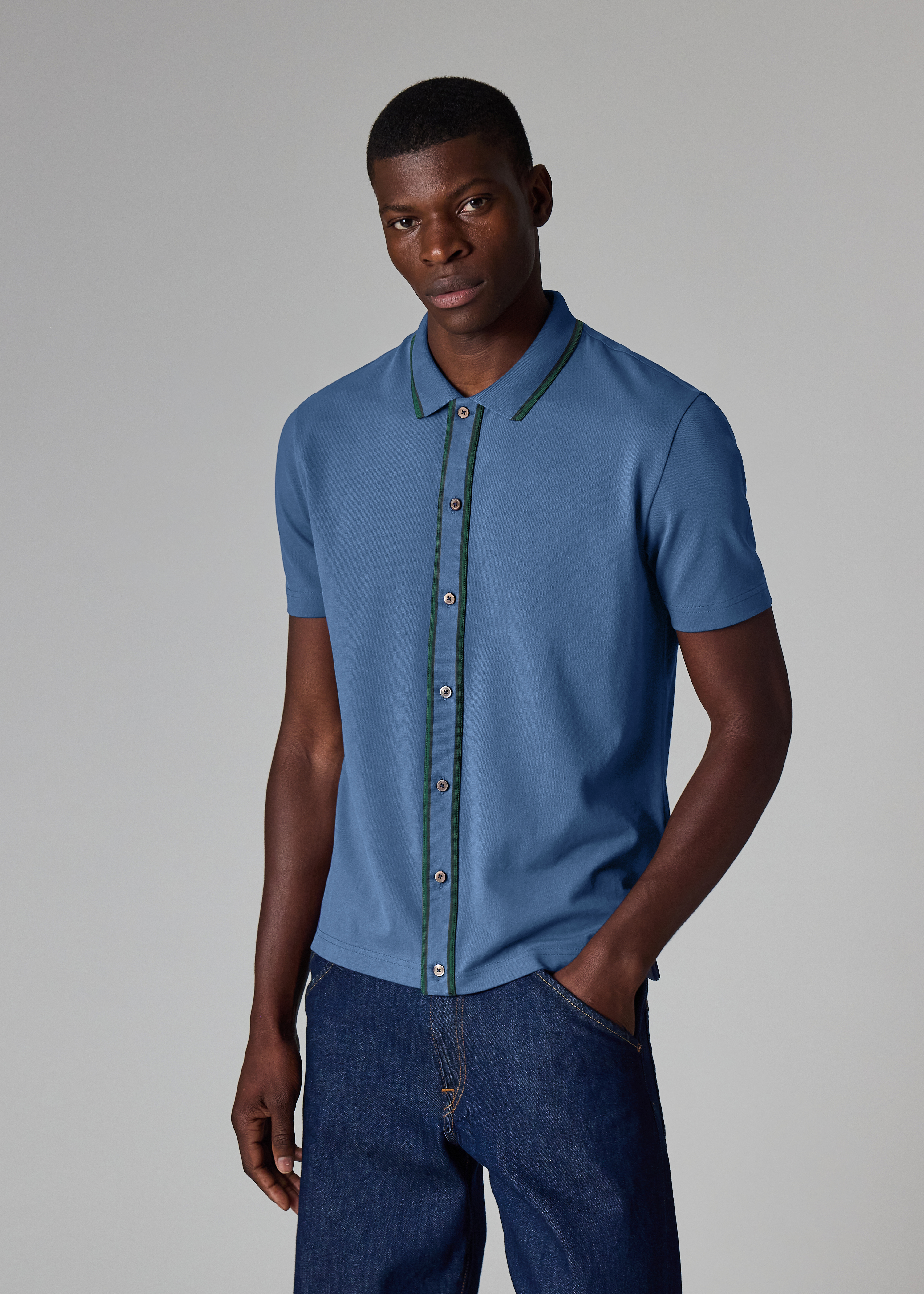 Mid Blue Button-Through Polo Shirt