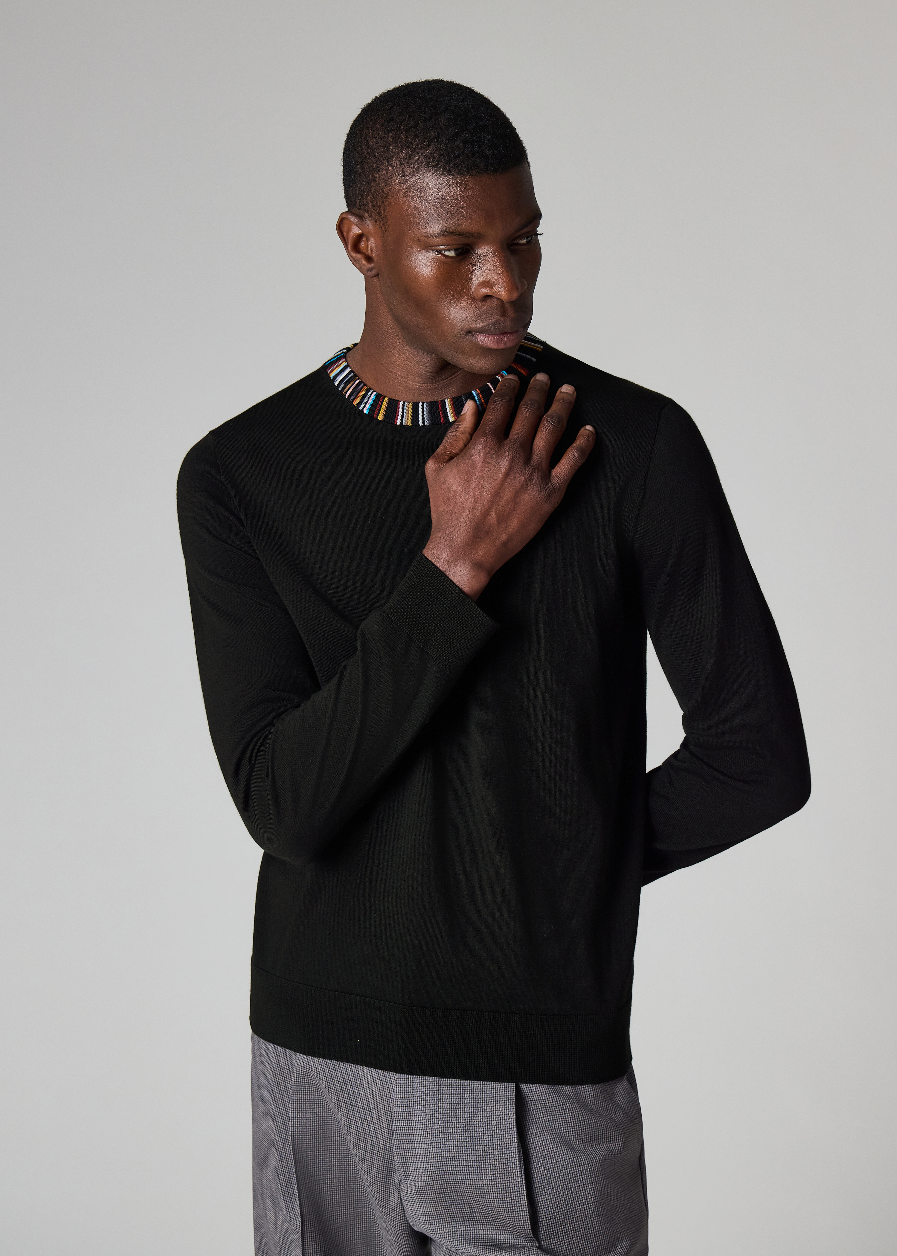 Black 'Signature Stripe' Collar Merino Sweater