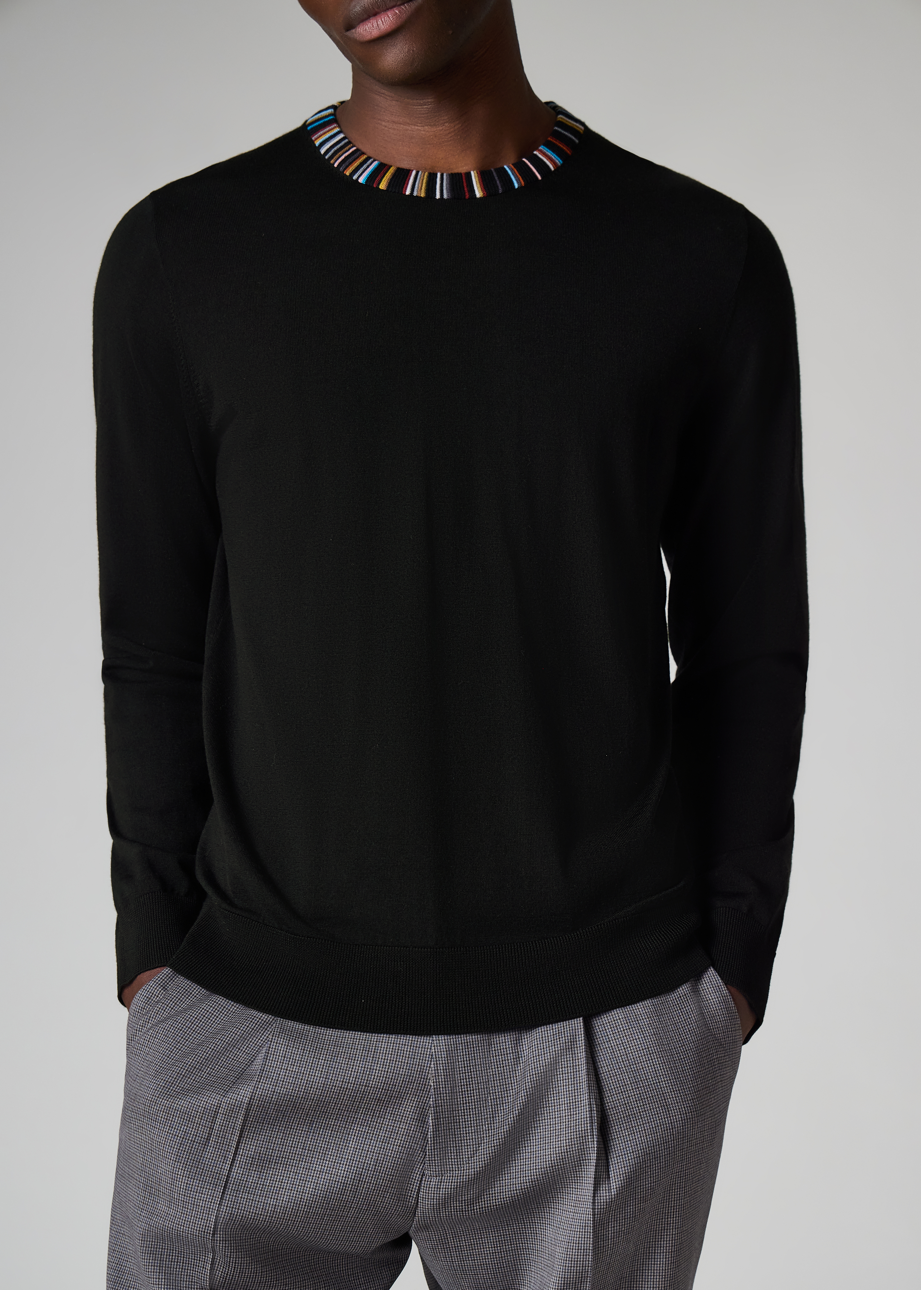 Black 'Signature Stripe' Collar Merino Sweater