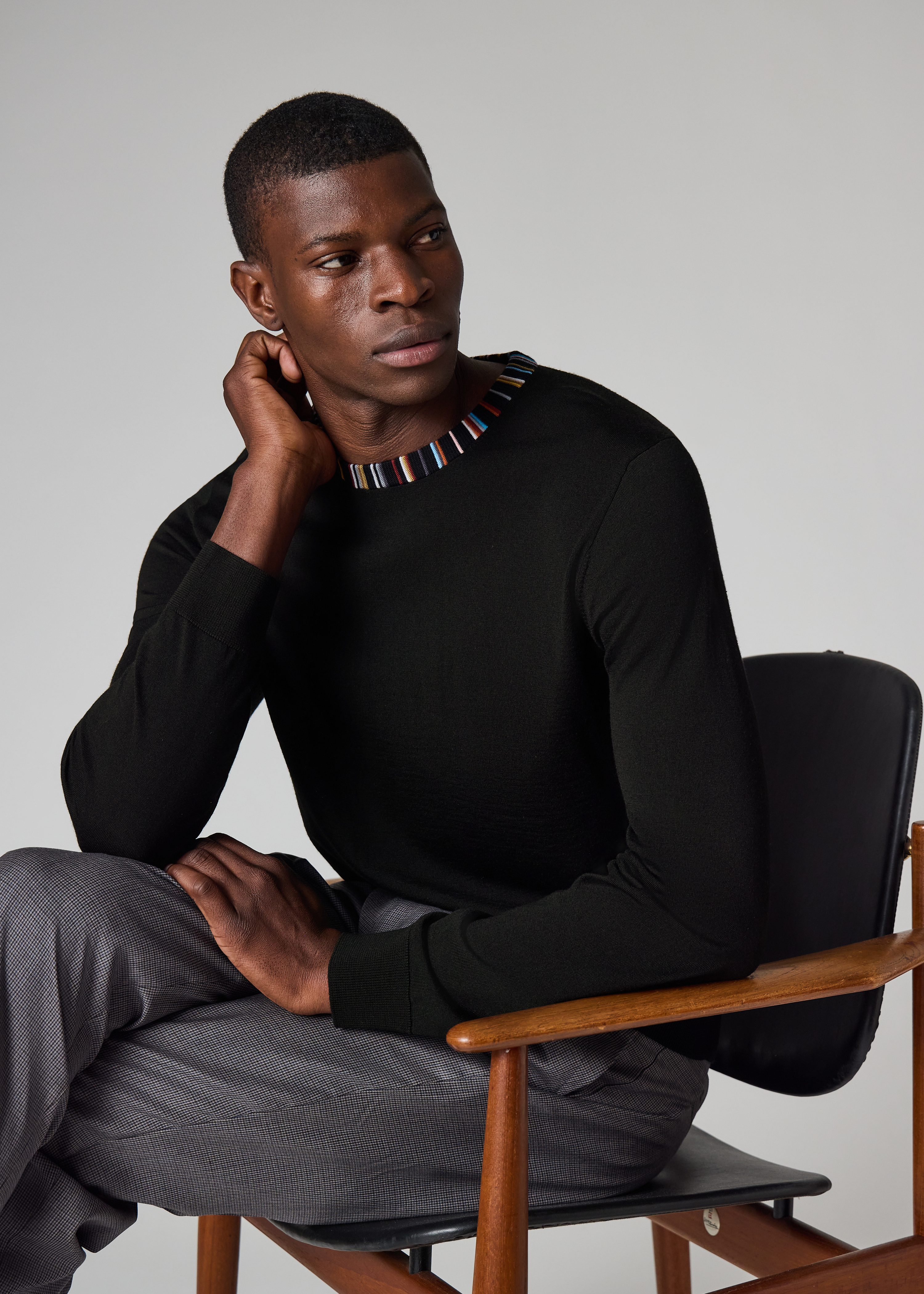 Black 'Signature Stripe' Collar Merino Sweater