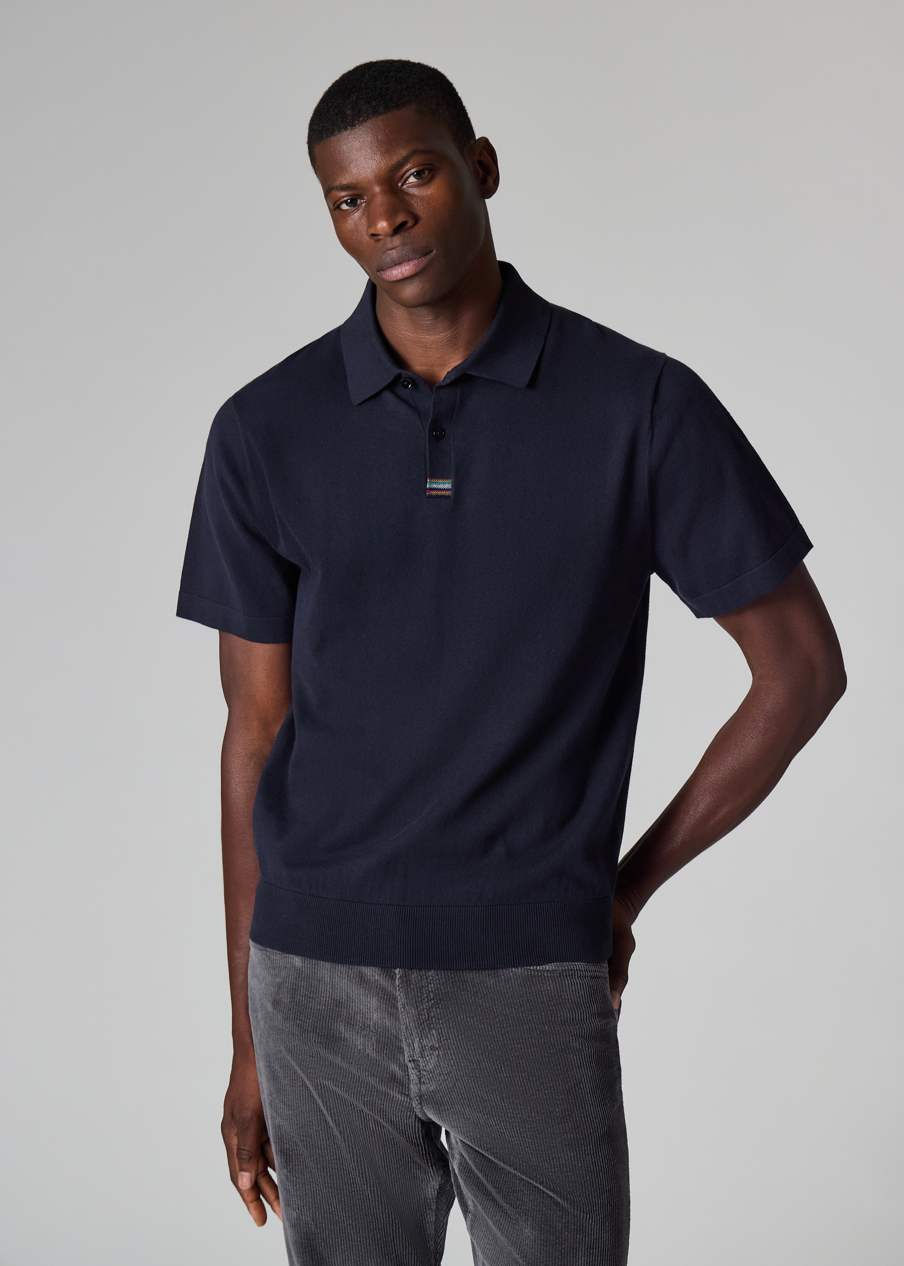 Navy Knitted Cotton 'Signature Stripe' Trim Polo Shirt