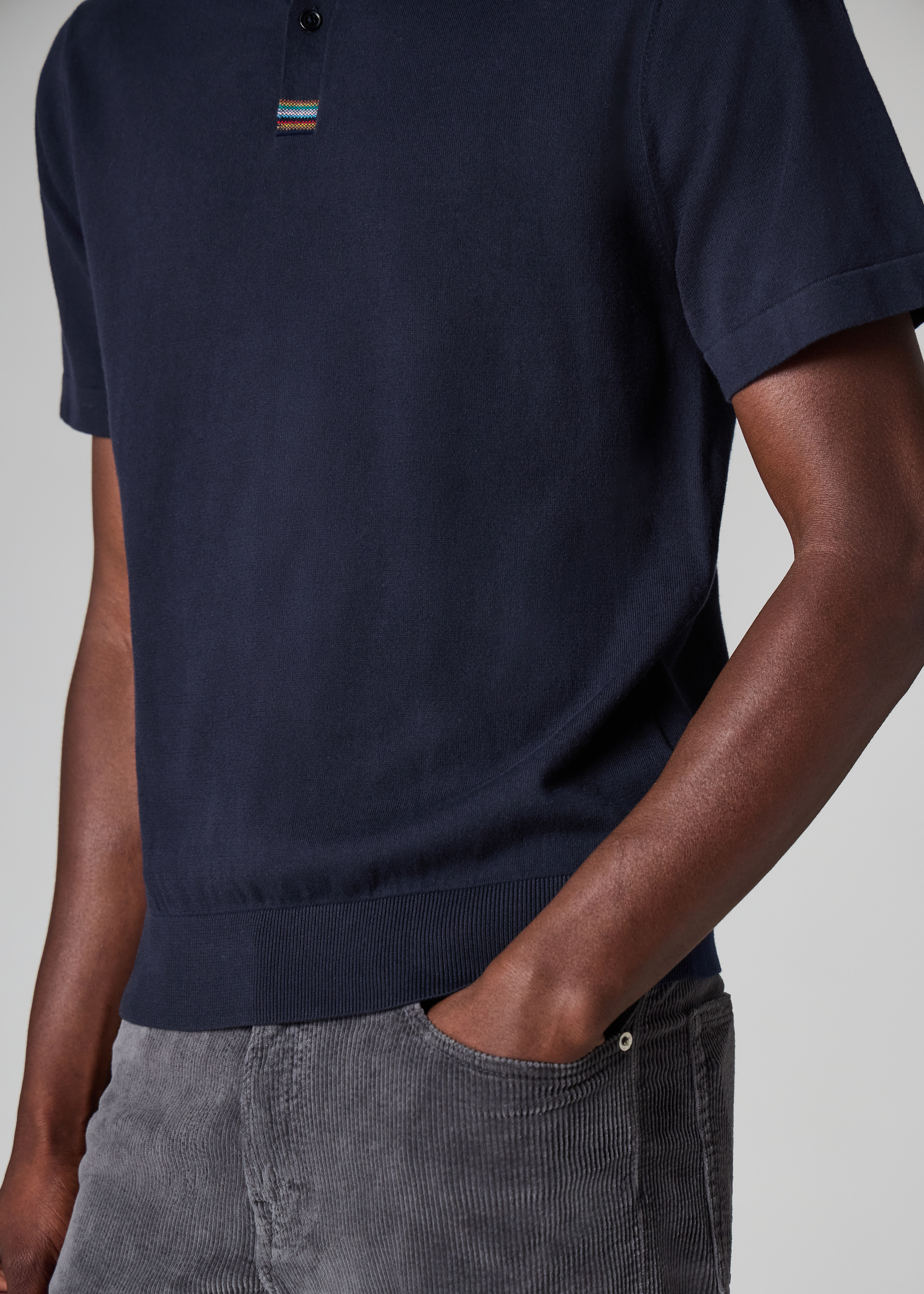 Navy Knitted Cotton 'Signature Stripe' Trim Polo Shirt