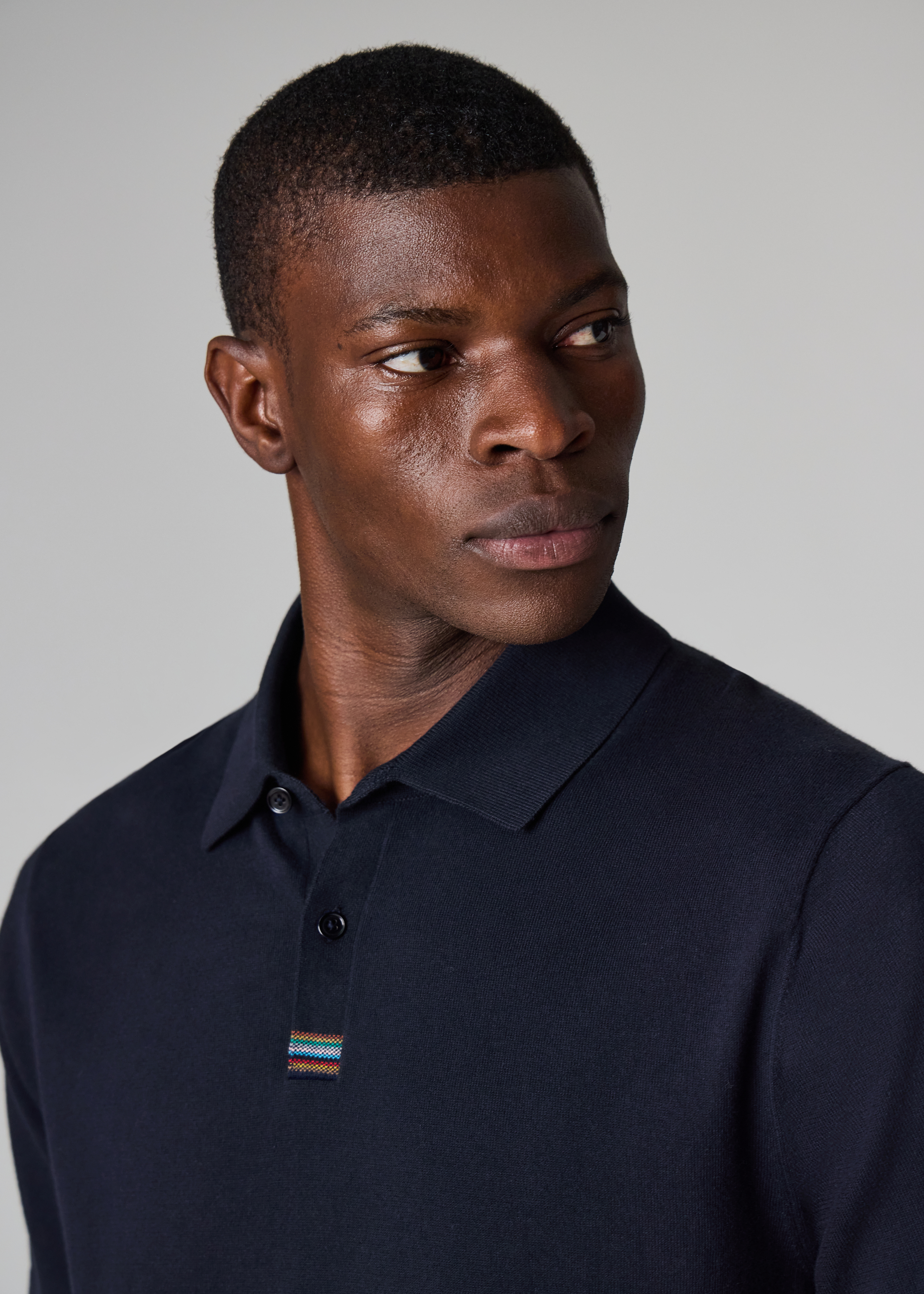 Navy Knitted Cotton 'Signature Stripe' Trim Polo Shirt