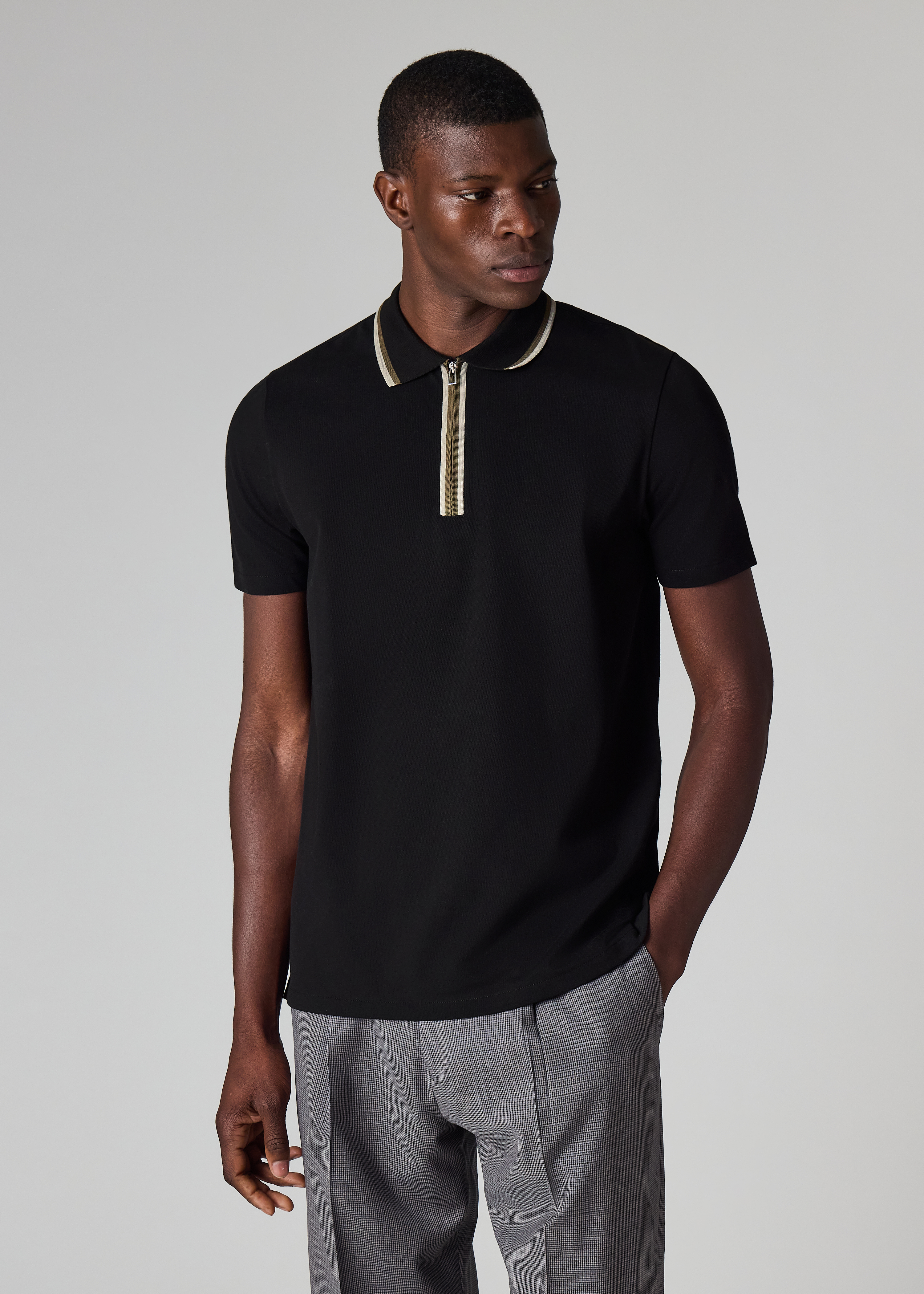 Black Contrast Tipping Zip Polo Shirt
