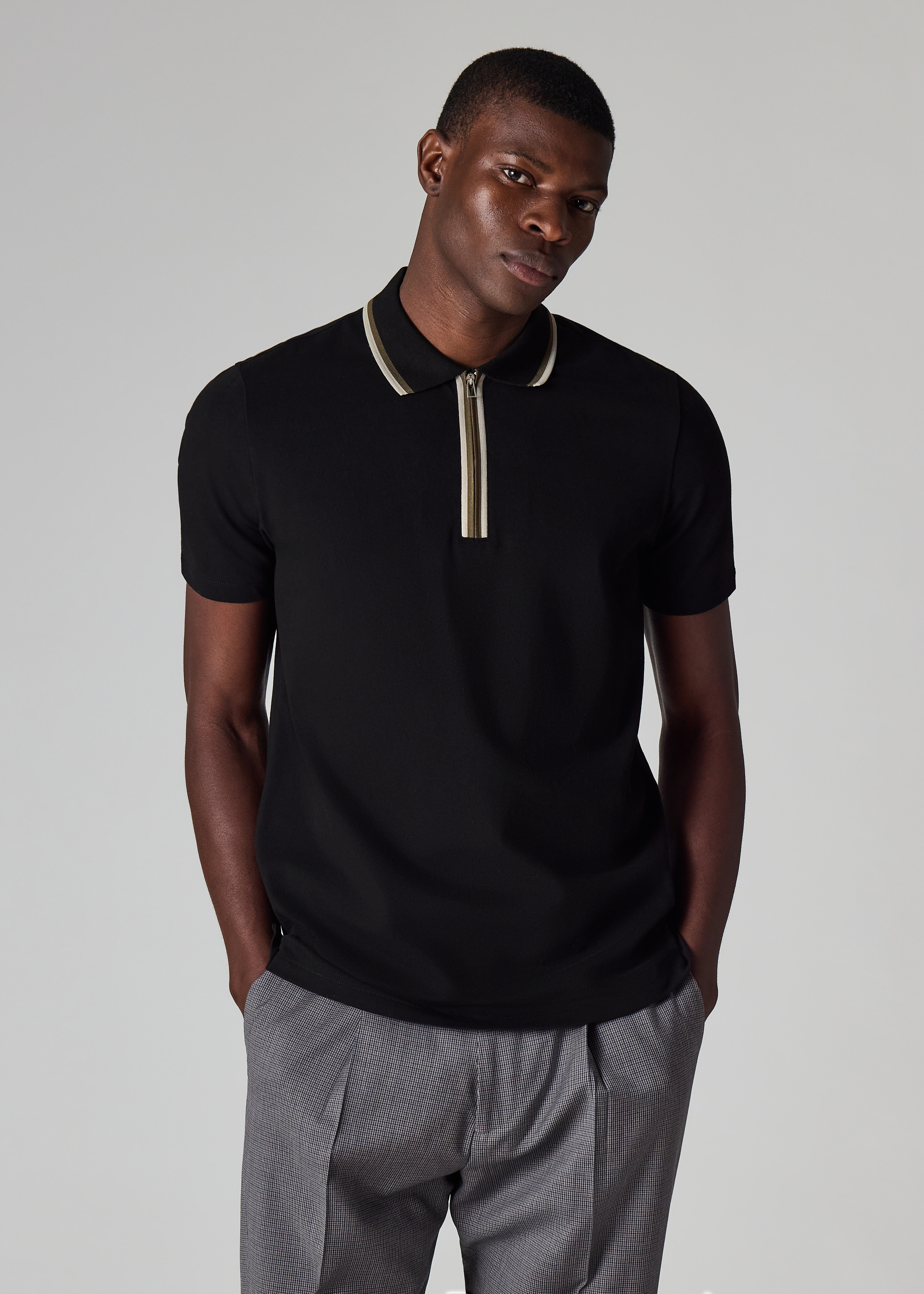 Black Contrast Tipping Zip Polo Shirt