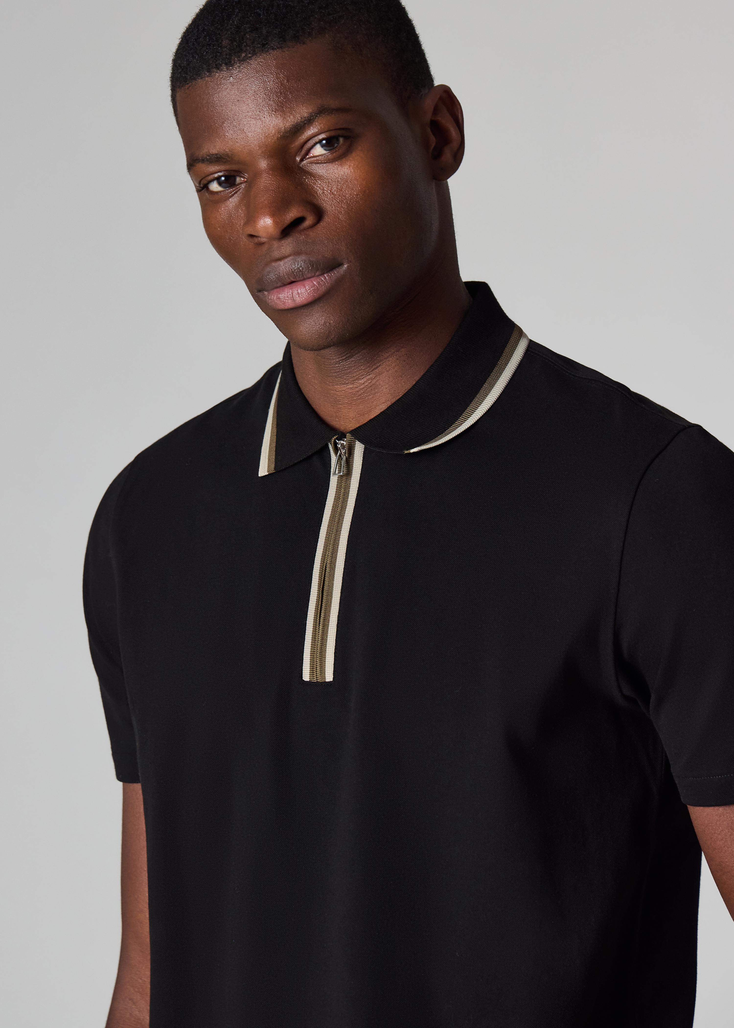 Black Contrast Tipping Zip Polo Shirt
