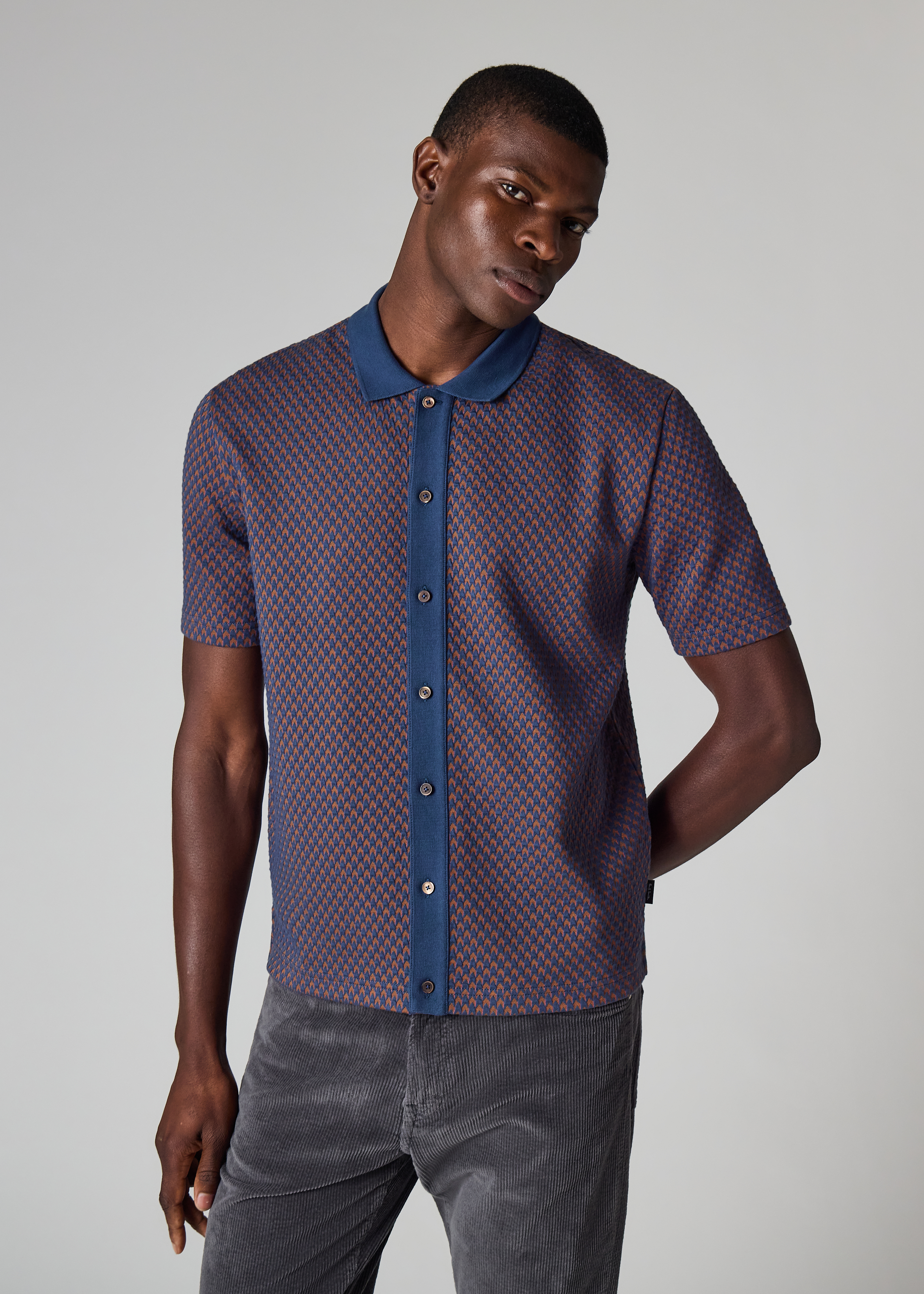 Blue Jacquard Button-Through Polo Shirt
