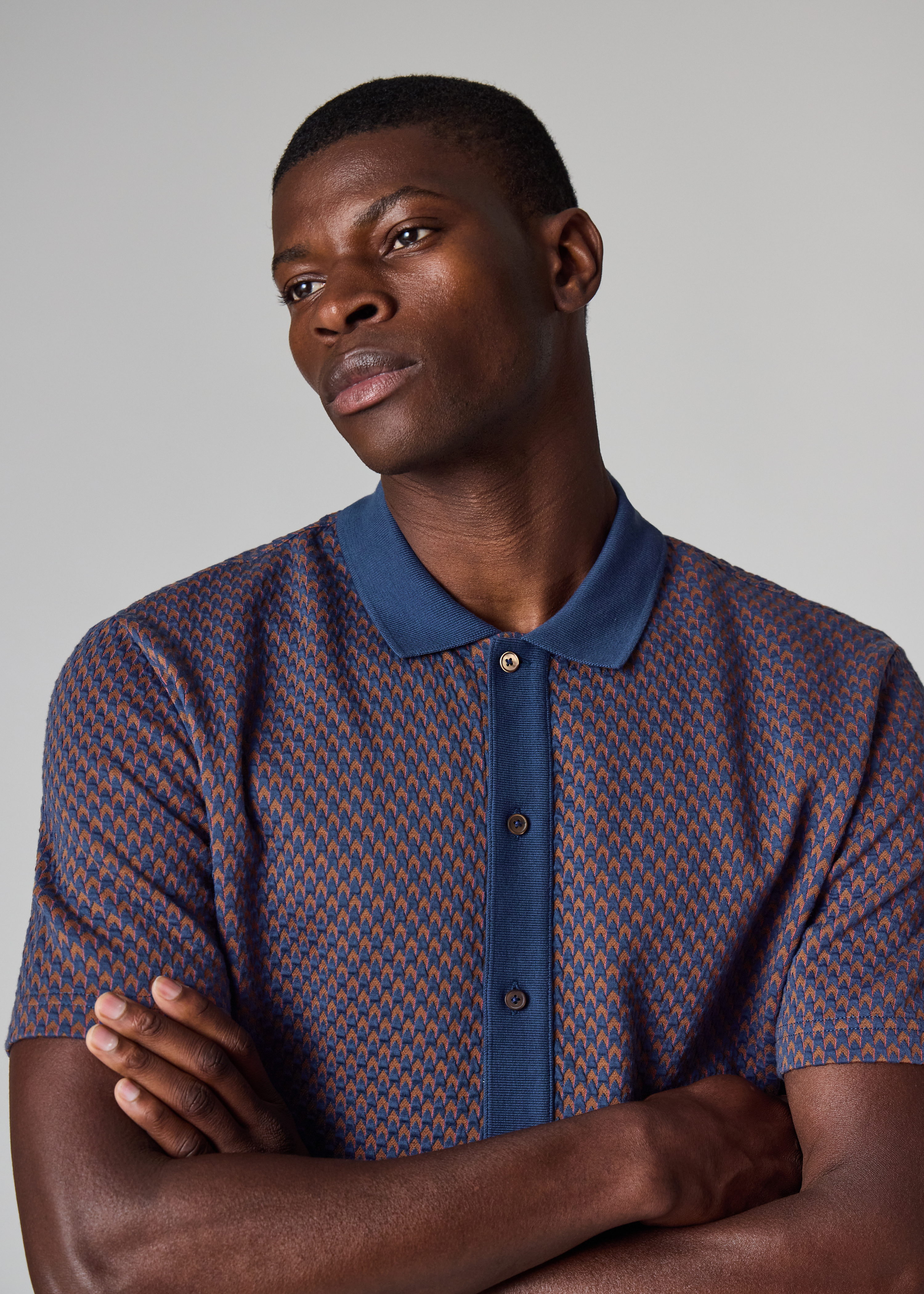 Blue Jacquard Button-Through Polo Shirt