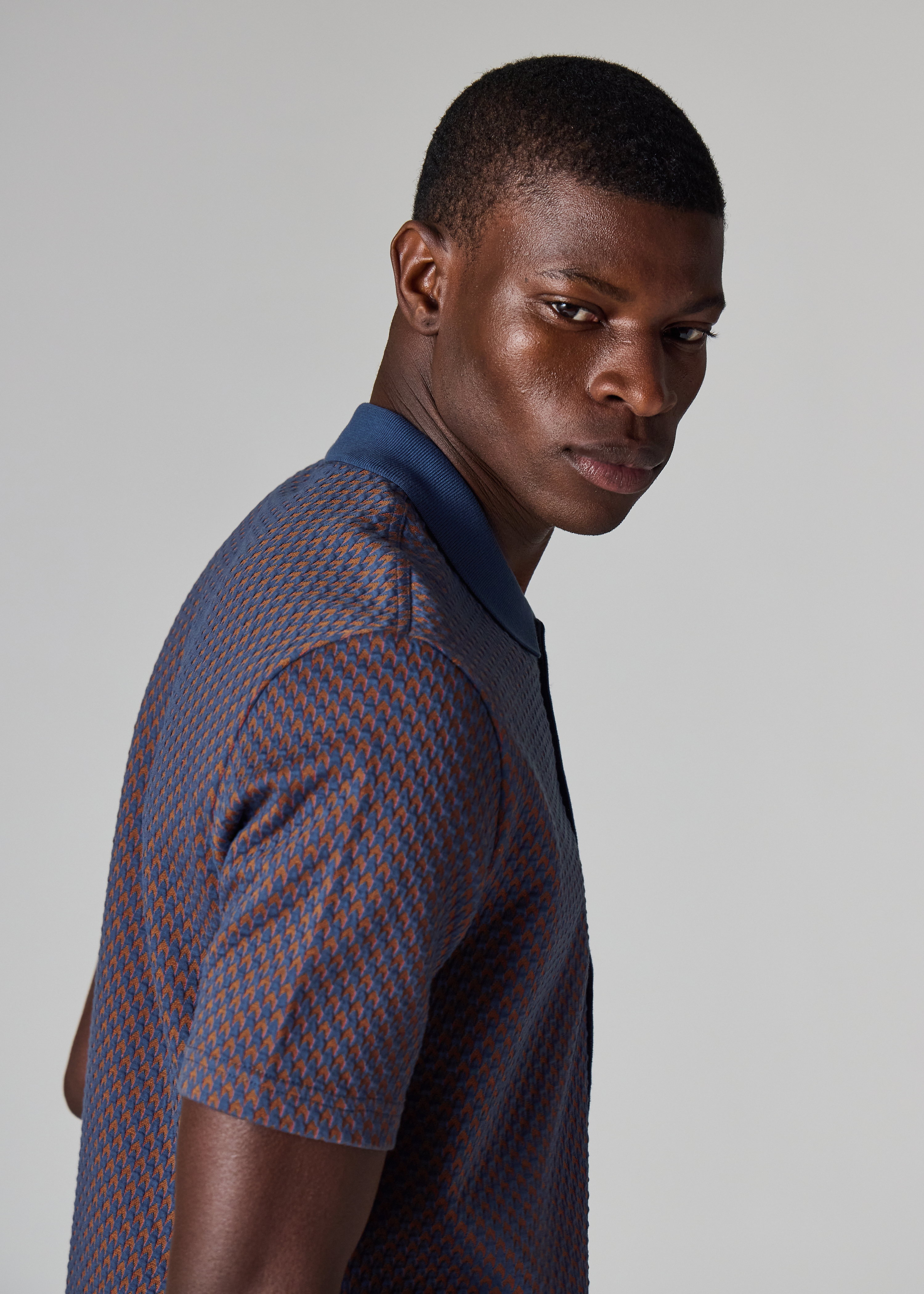Blue Jacquard Button-Through Polo Shirt