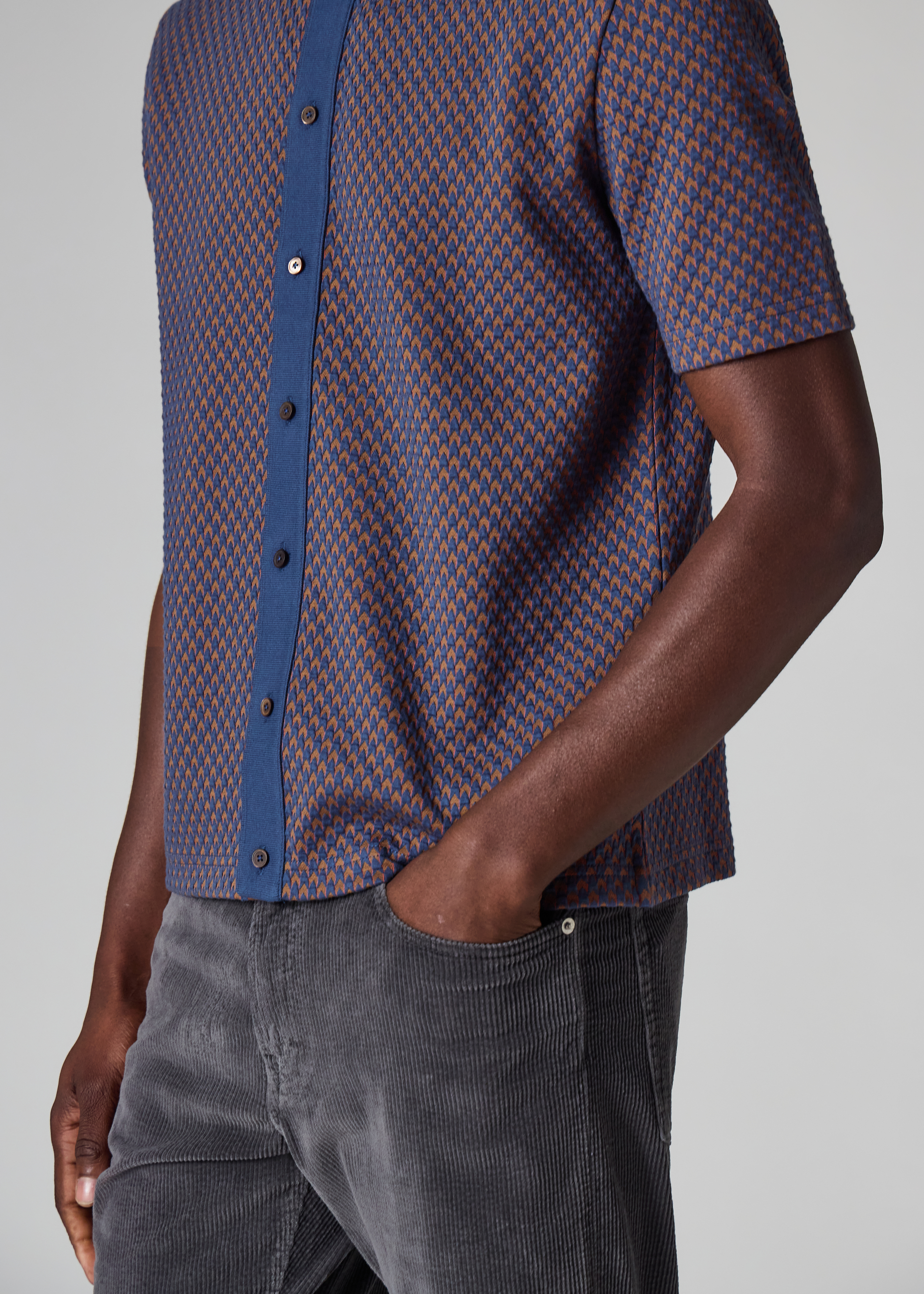 Blue Jacquard Button-Through Polo Shirt
