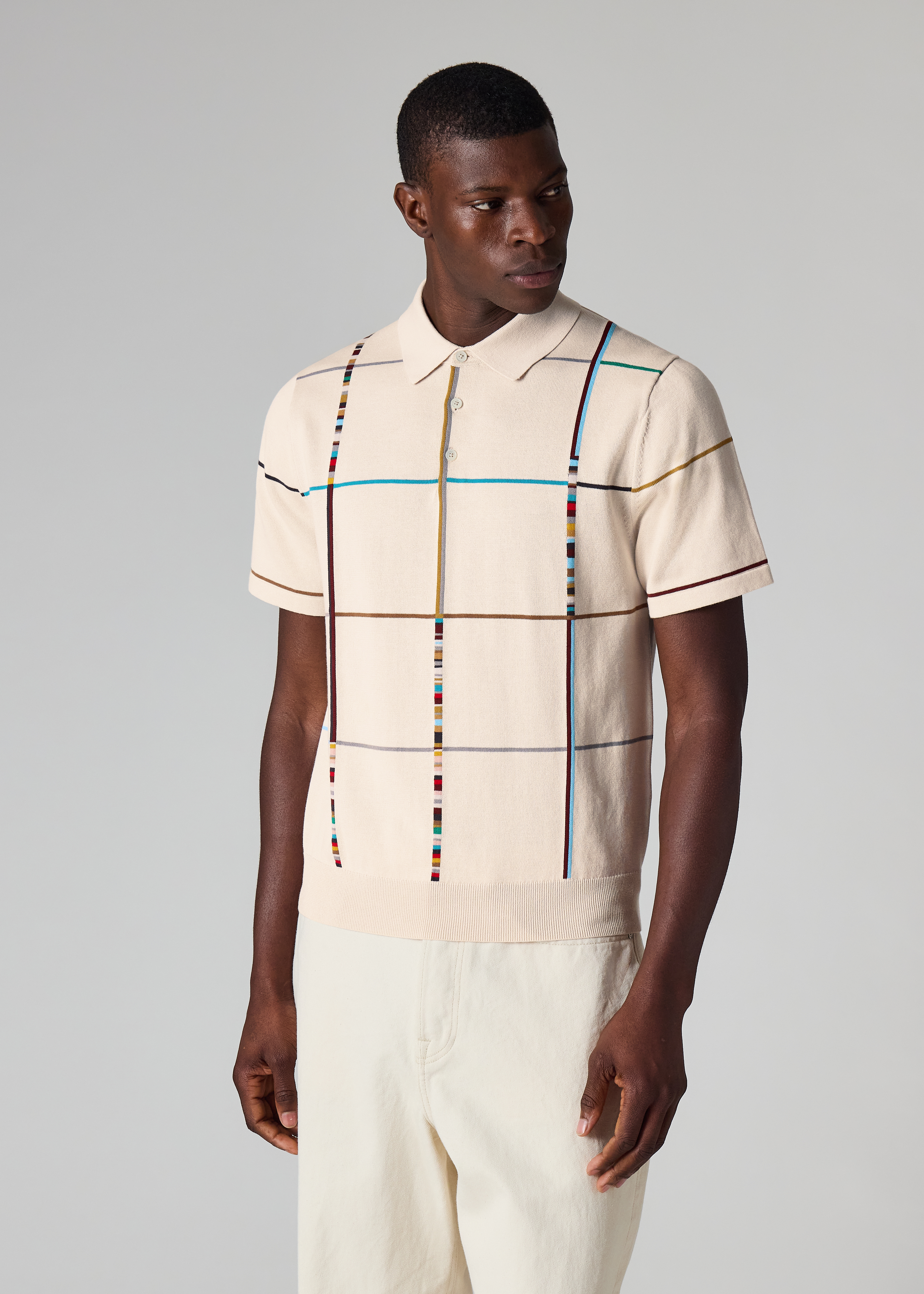 Ecru 'Signature Stripe Check' Knitted Cotton Polo Shirt