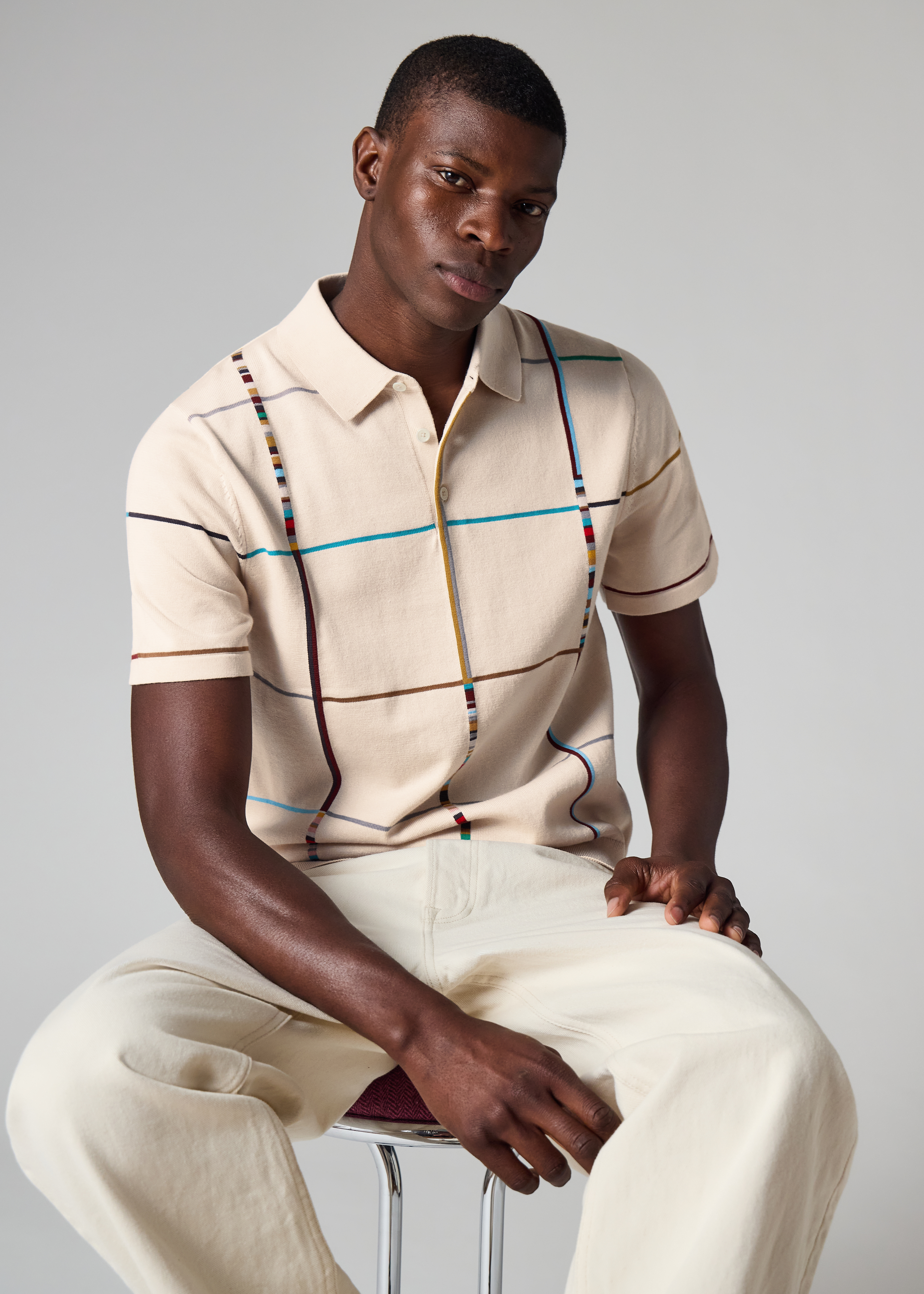 Ecru 'Signature Stripe Check' Knitted Cotton Polo Shirt