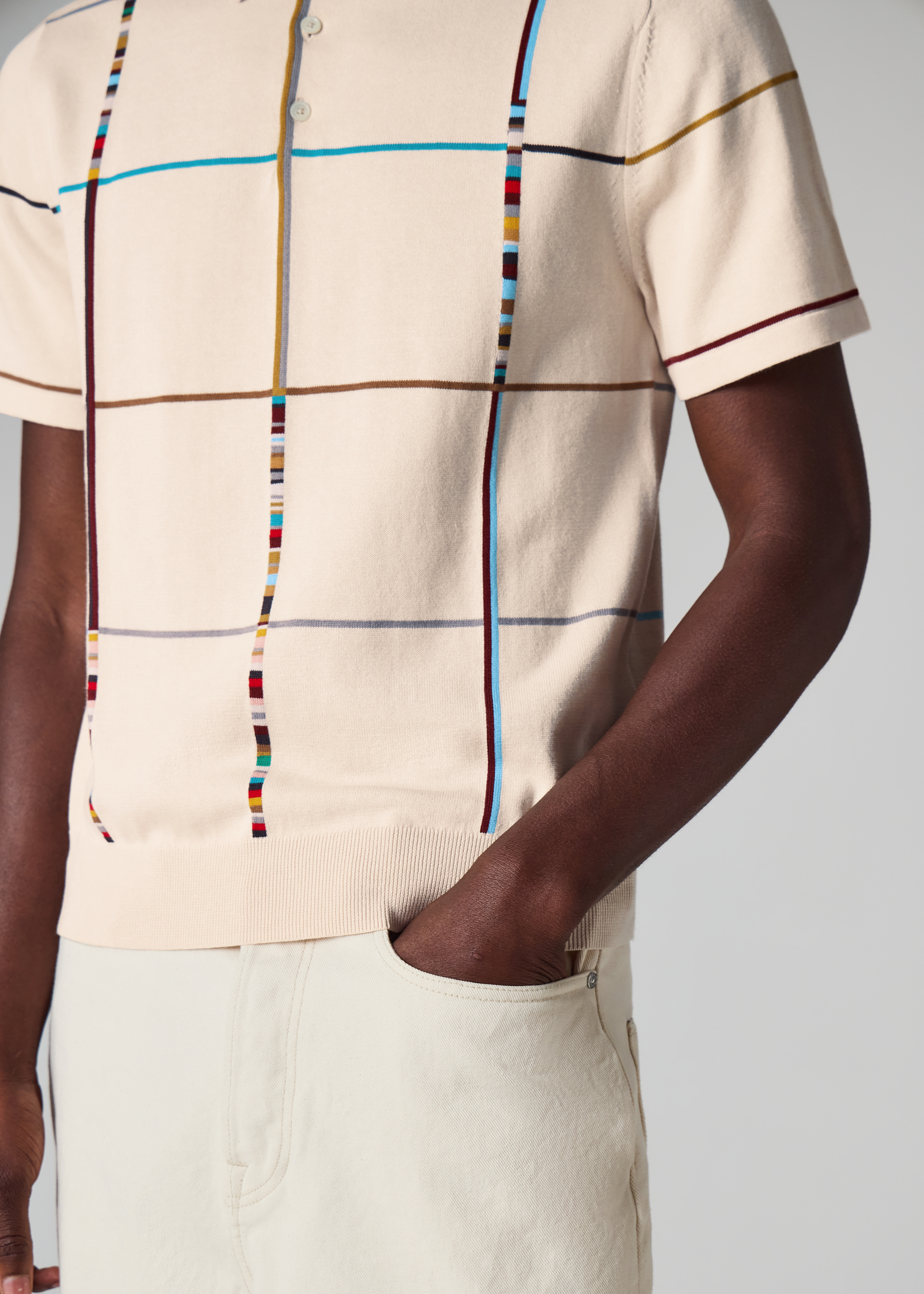 Ecru 'Signature Stripe Check' Knitted Cotton Polo Shirt