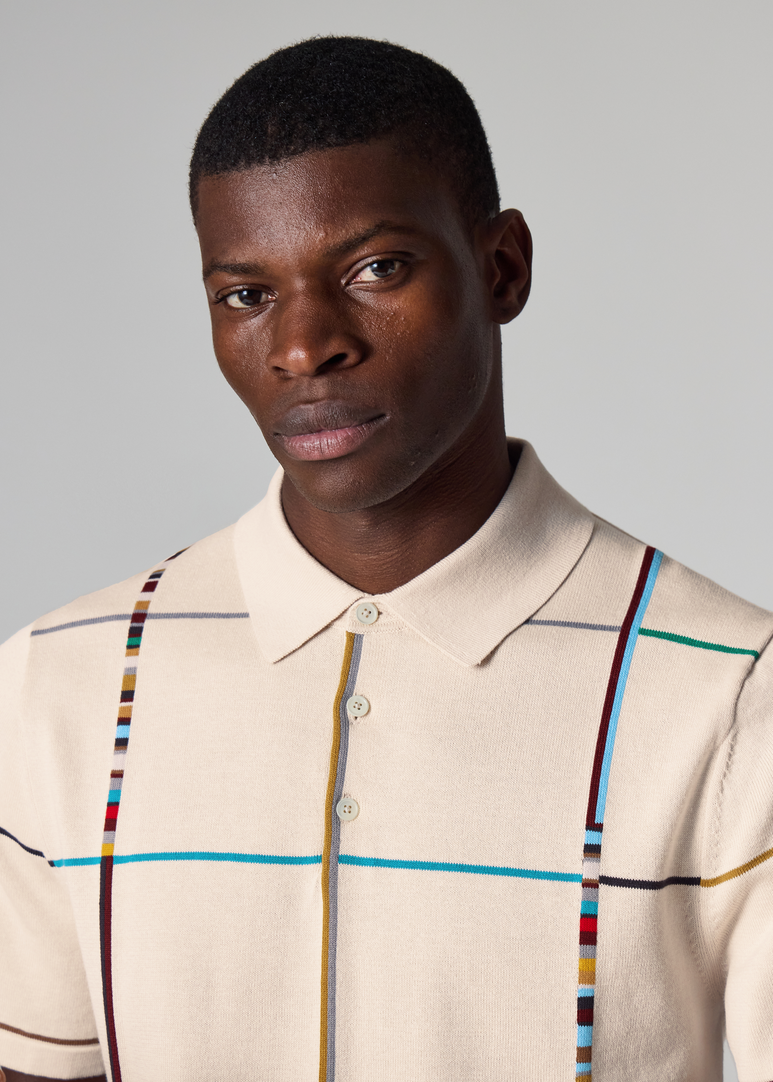 Ecru 'Signature Stripe Check' Knitted Cotton Polo Shirt
