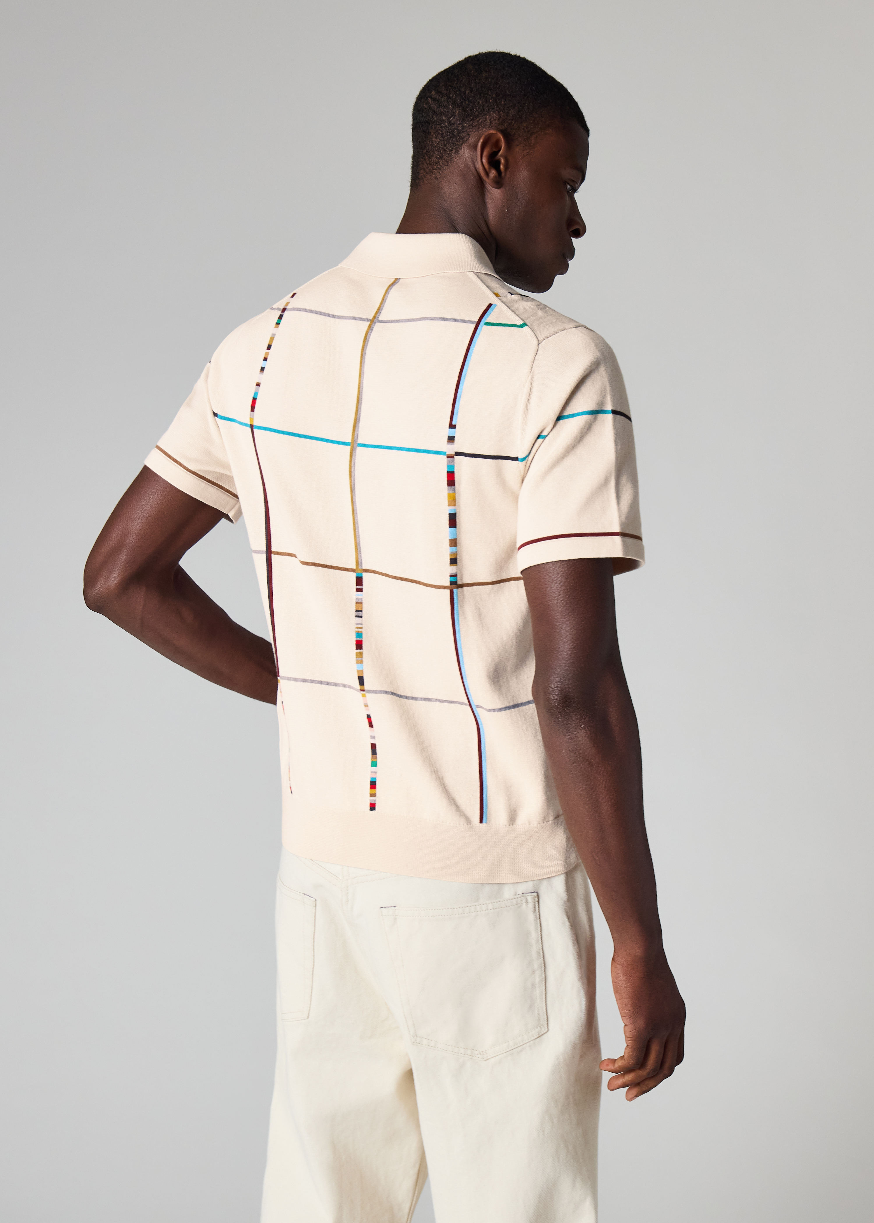 Ecru 'Signature Stripe Check' Knitted Cotton Polo Shirt