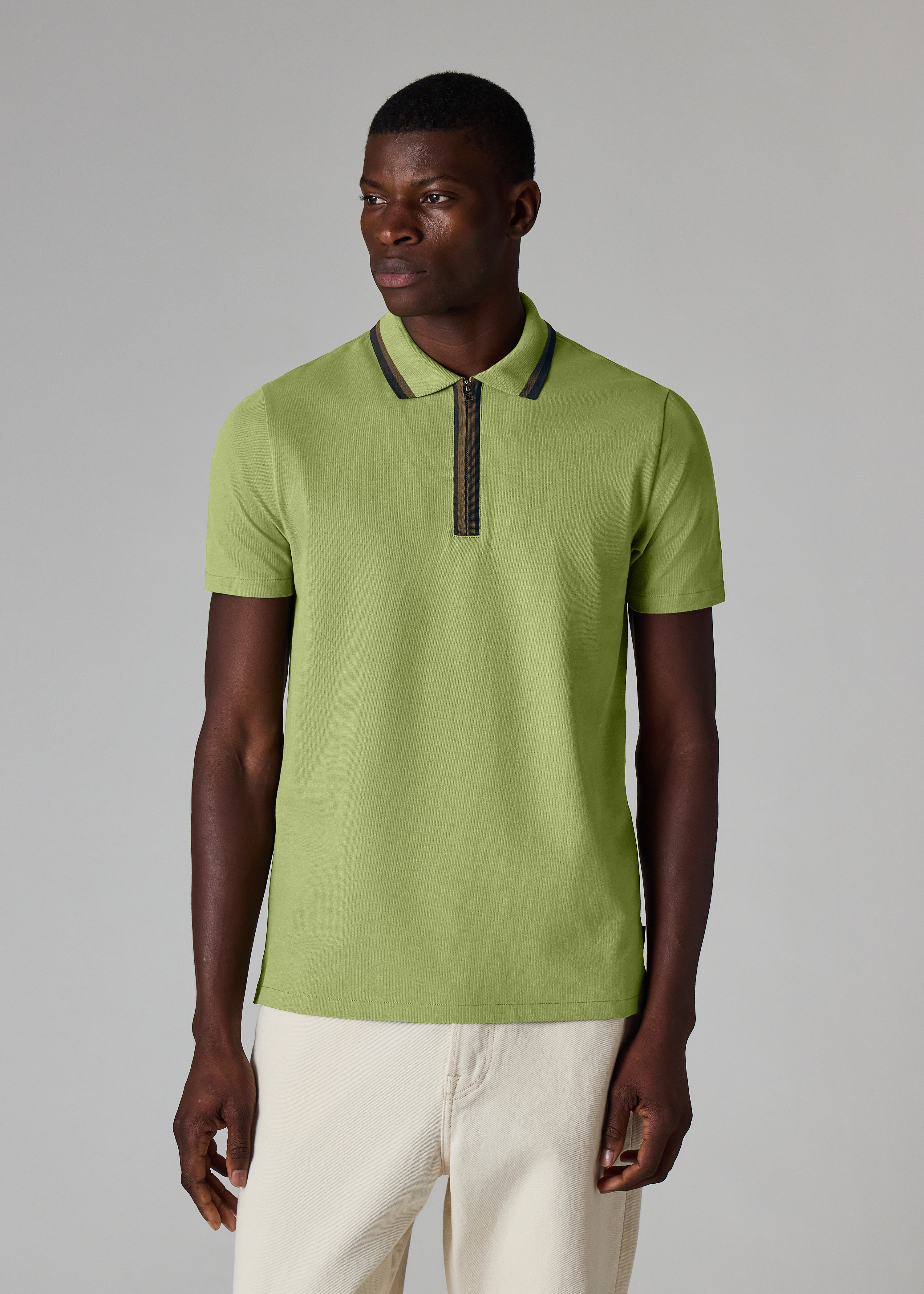 Khaki Contrast Tipping Zip Polo Shirt