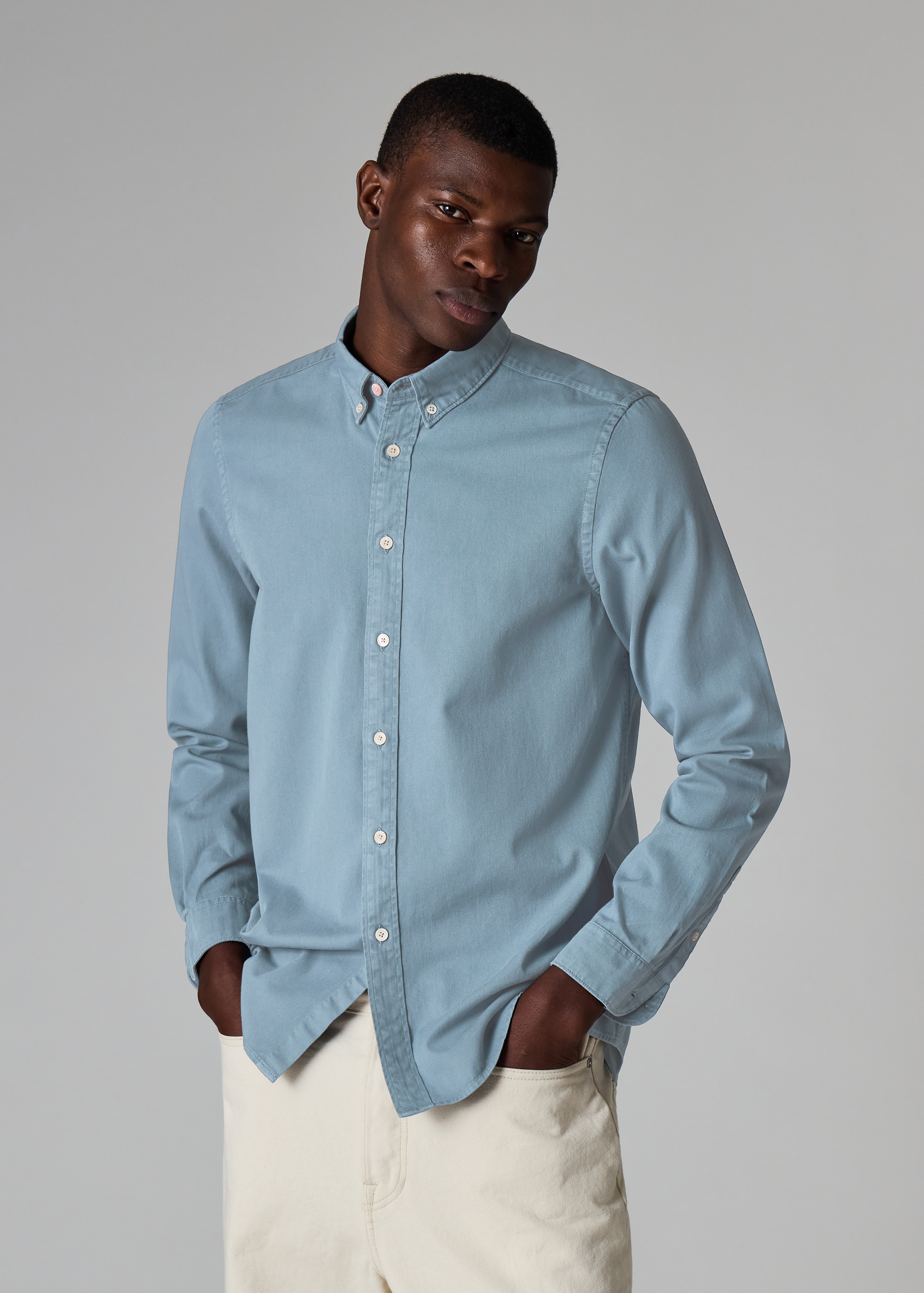 Powder Blue Cotton-Twill Button-Down Shirt
