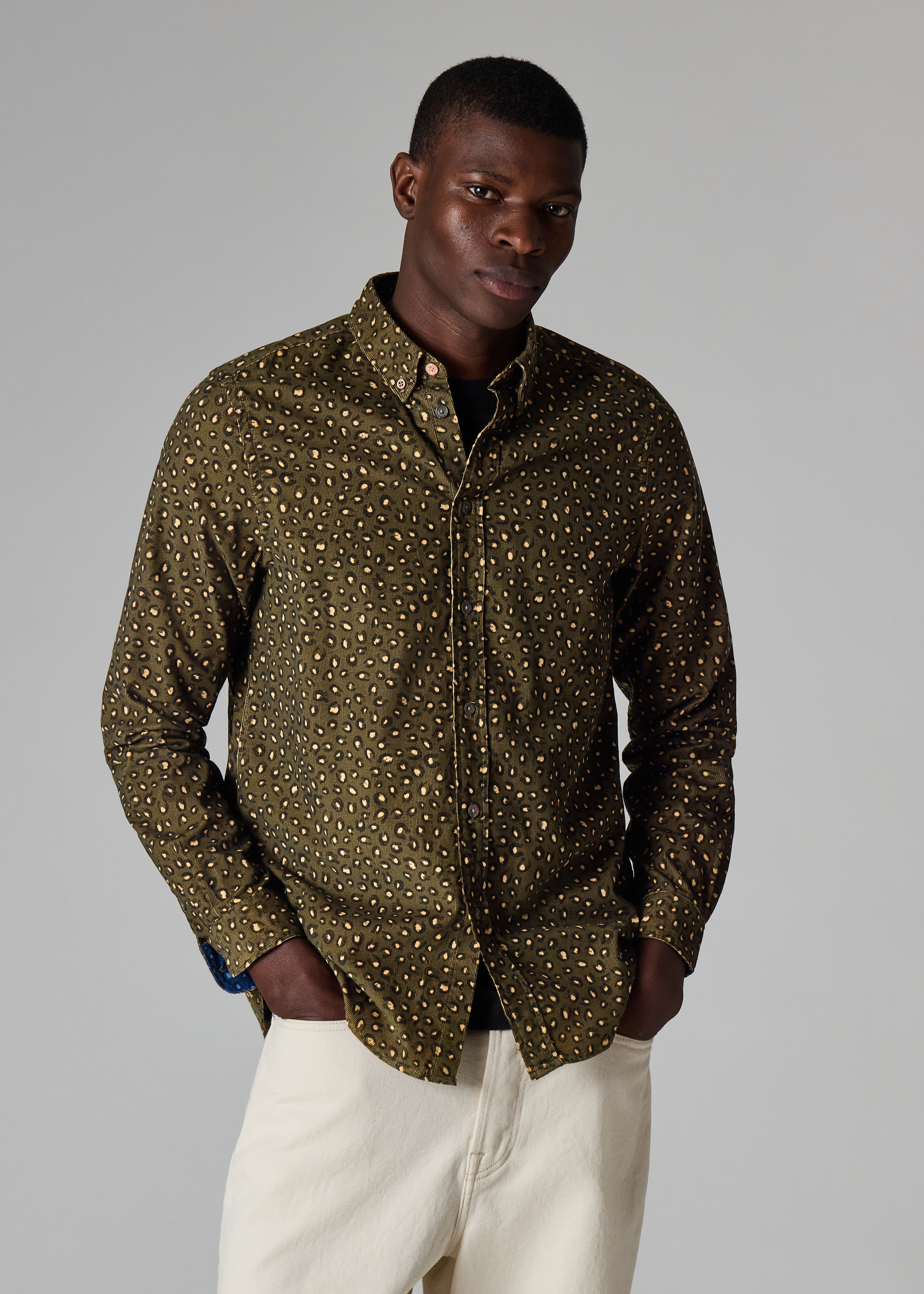 Khaki 'Animal' Print Corduroy Button-Down Shirt