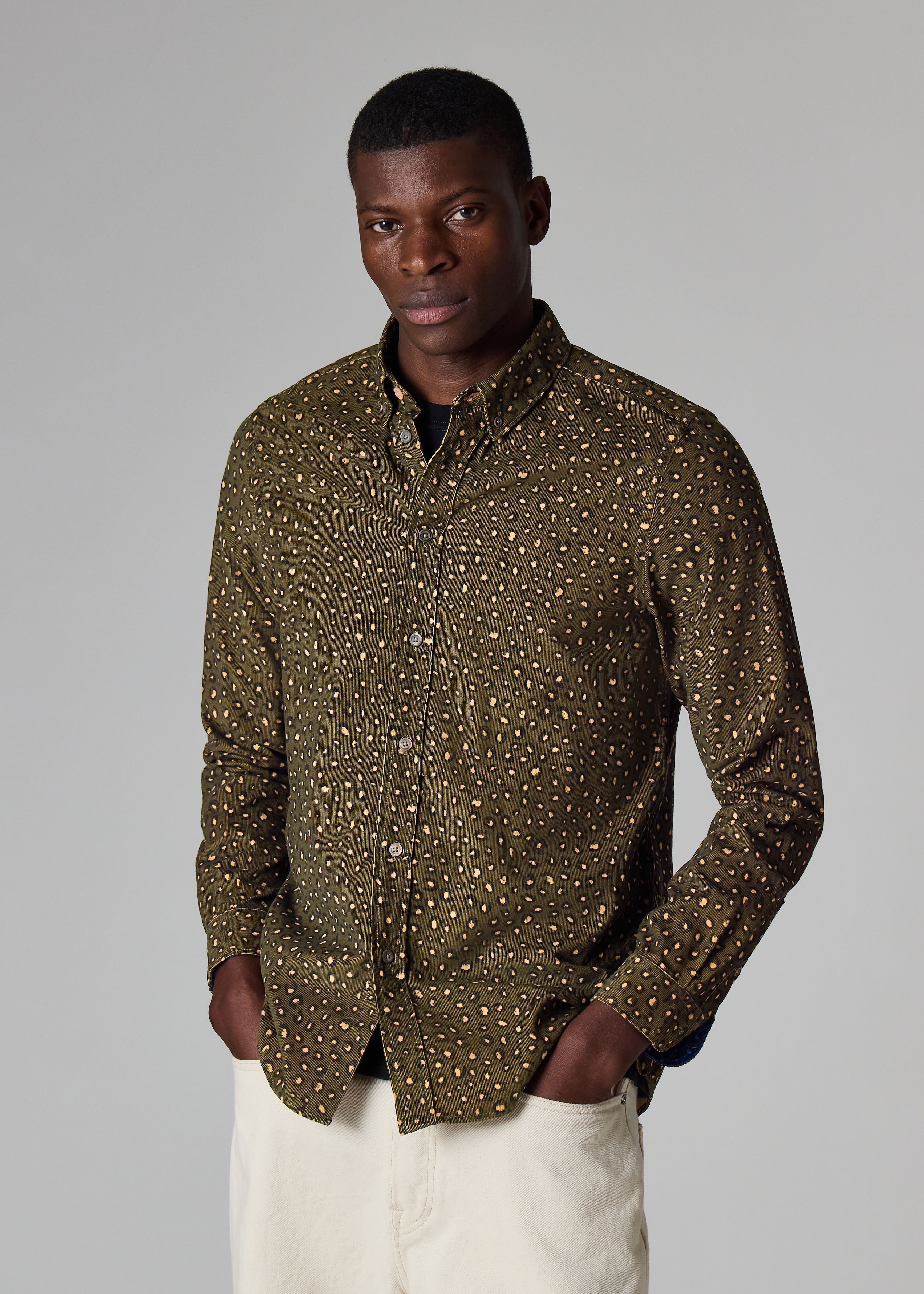 Khaki 'Animal' Print Corduroy Button-Down Shirt