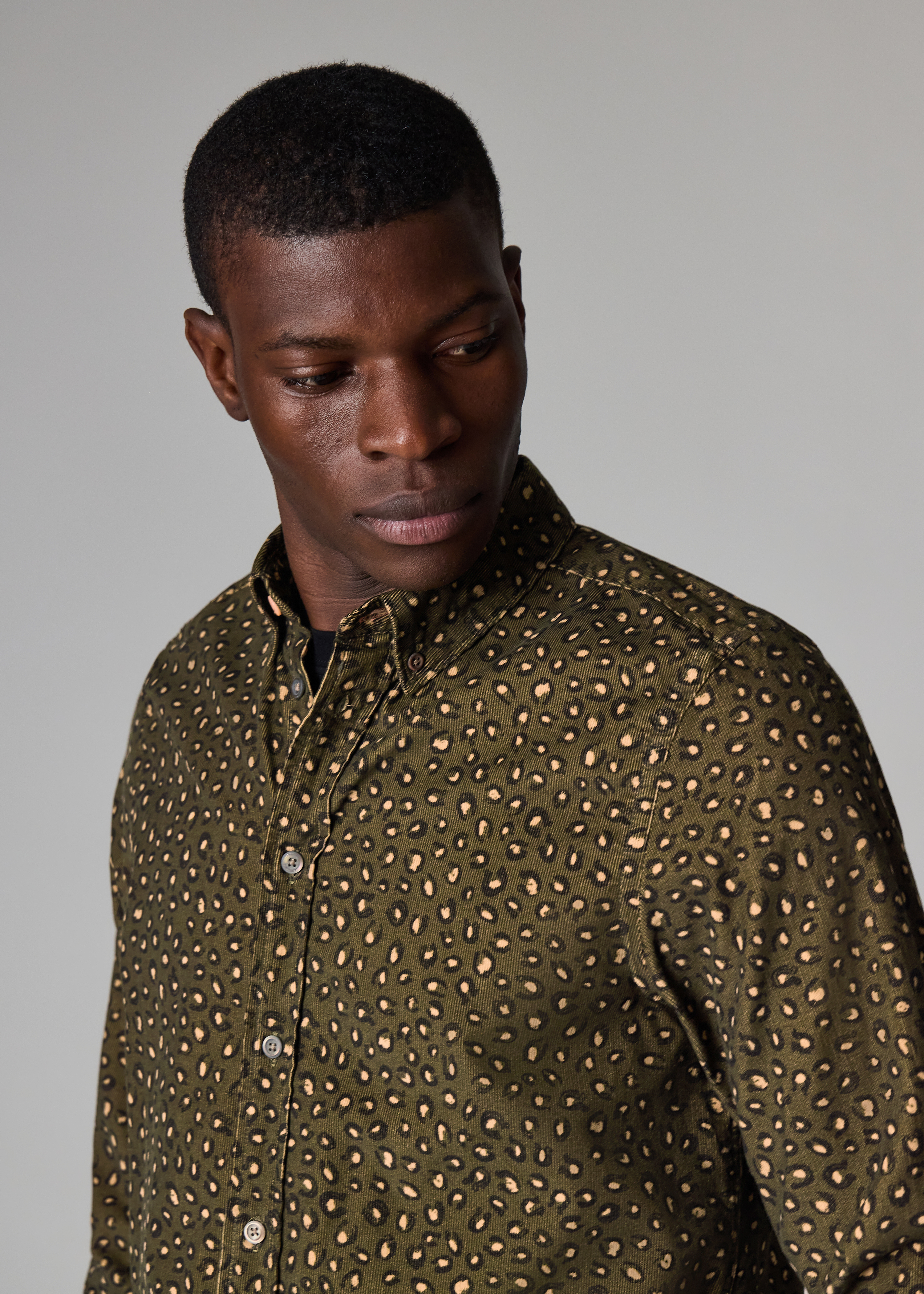 Khaki 'Animal' Print Corduroy Button-Down Shirt