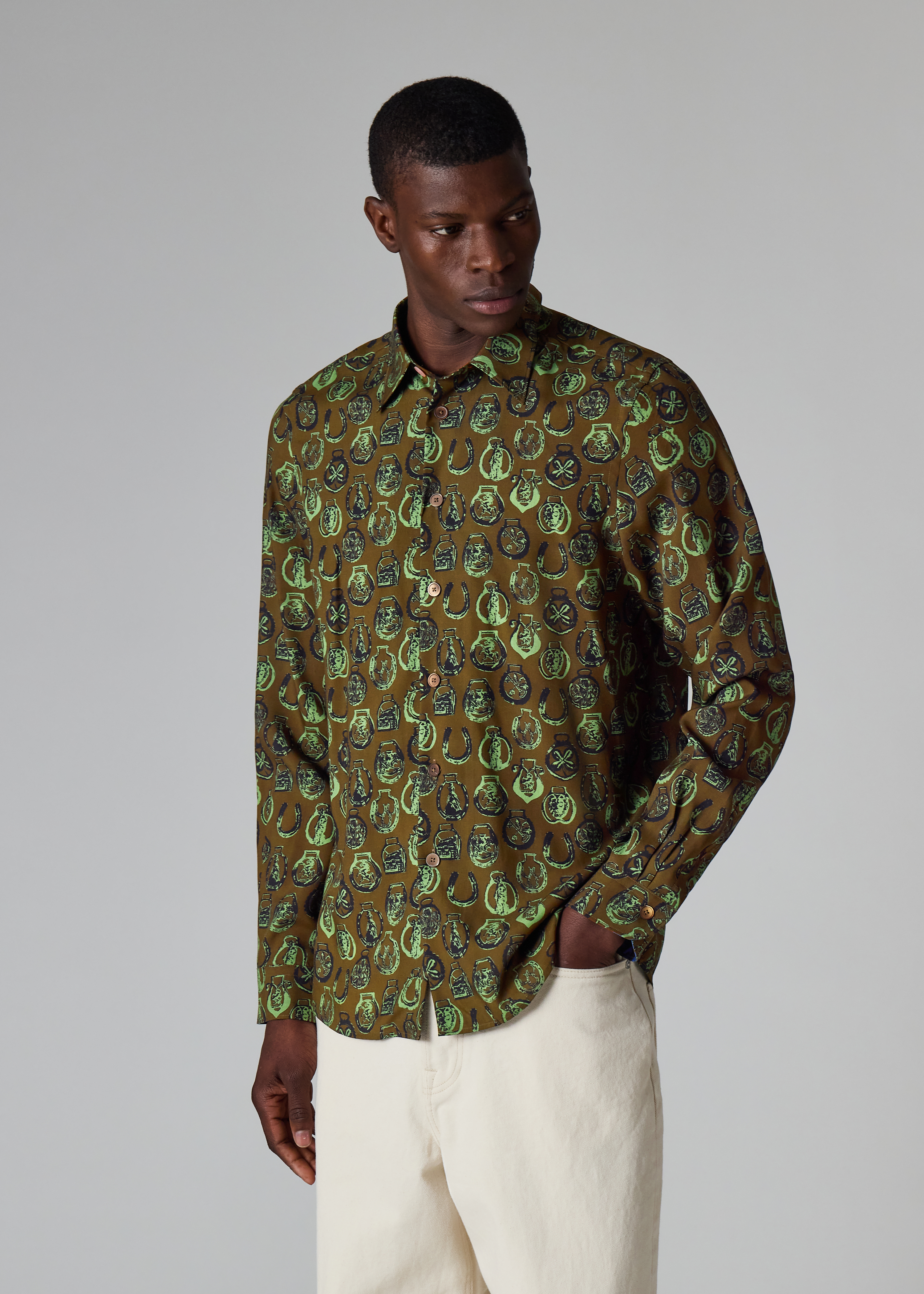 Khaki Lyocell 'Lucky Charm' Print Shirt