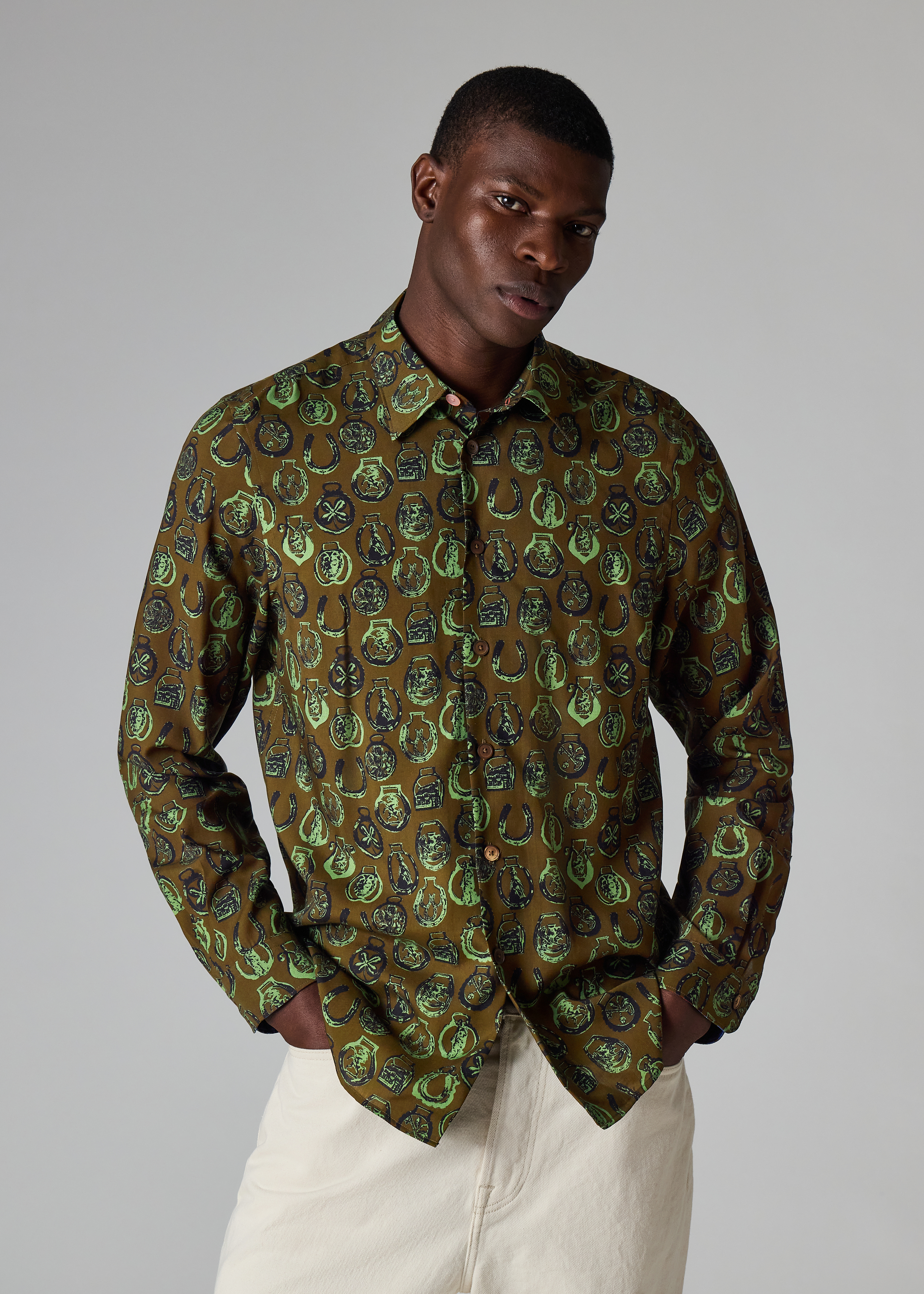Khaki Lyocell 'Lucky Charm' Print Shirt