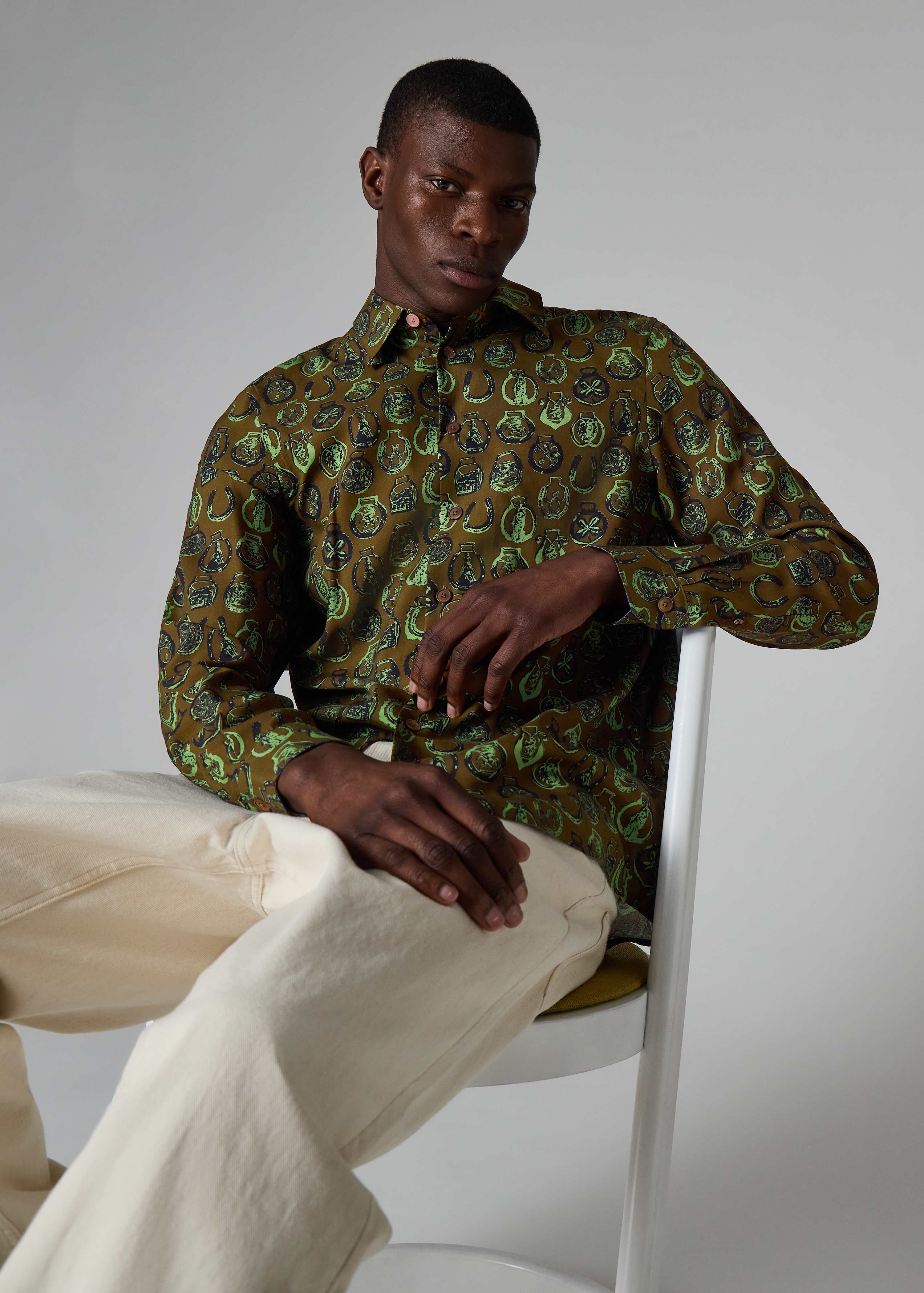 Khaki Lyocell 'Lucky Charm' Print Shirt