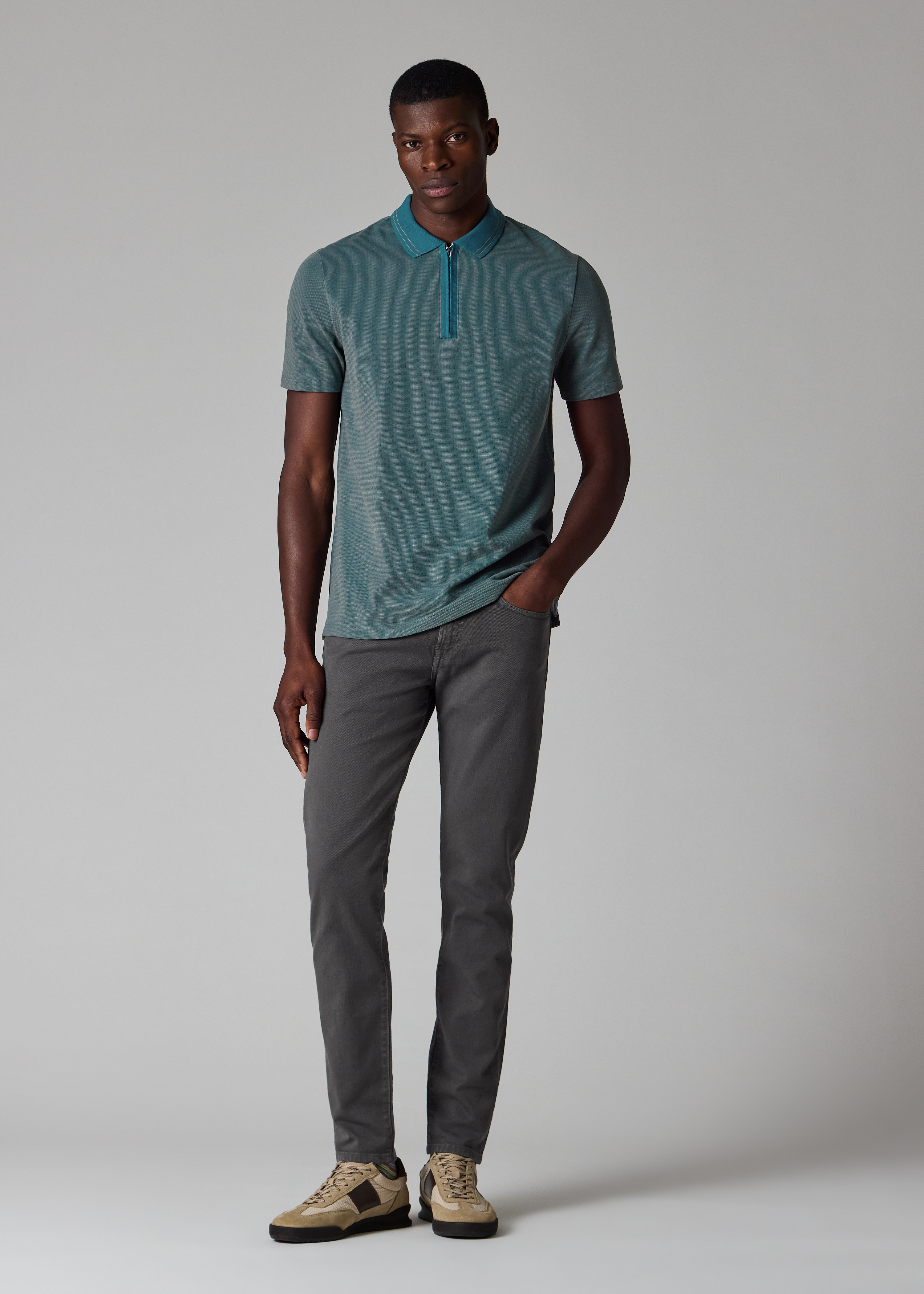 Teal Cotton Jacquard Zip-Neck Polo Shirt