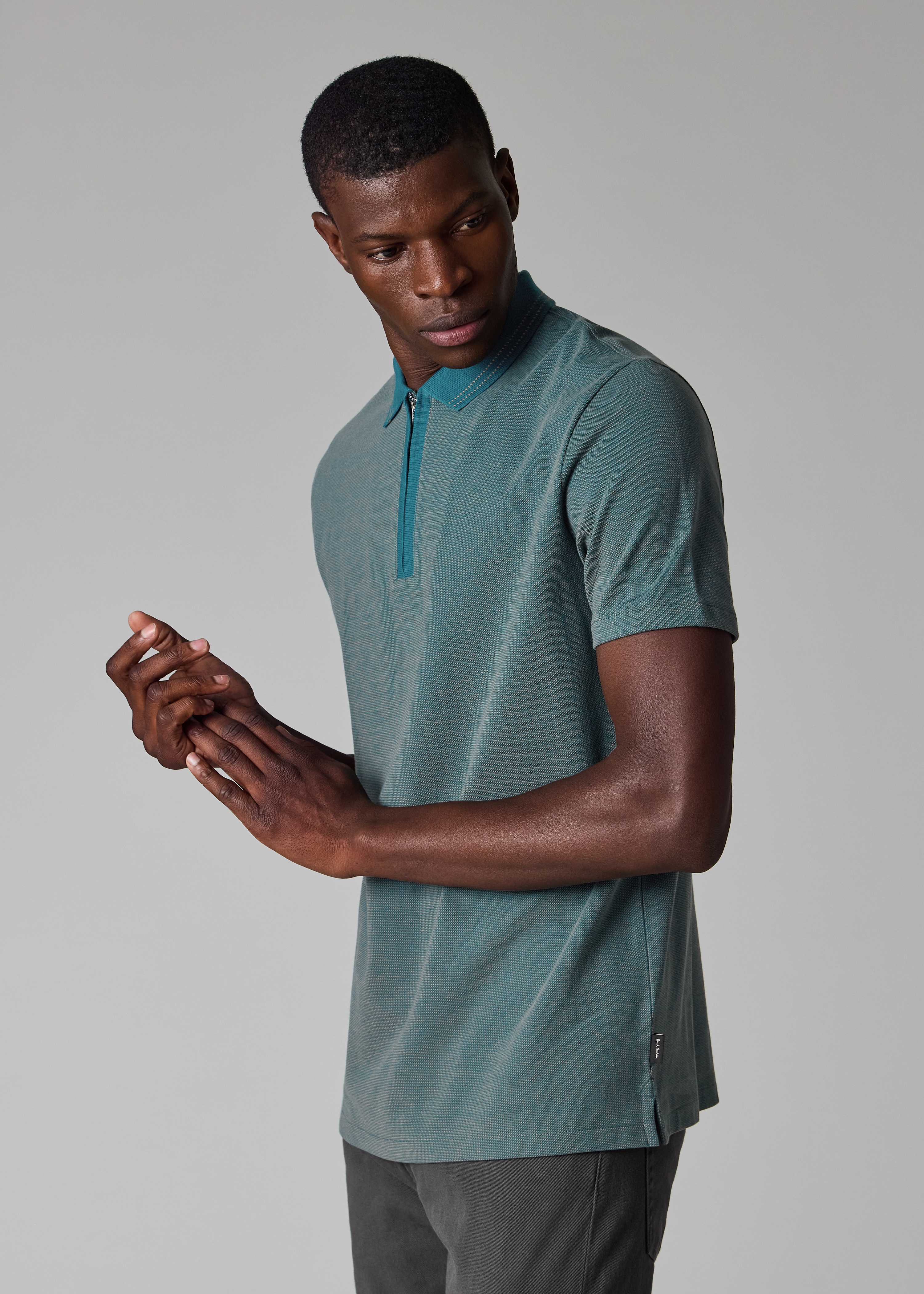 Teal Cotton Jacquard Zip-Neck Polo Shirt
