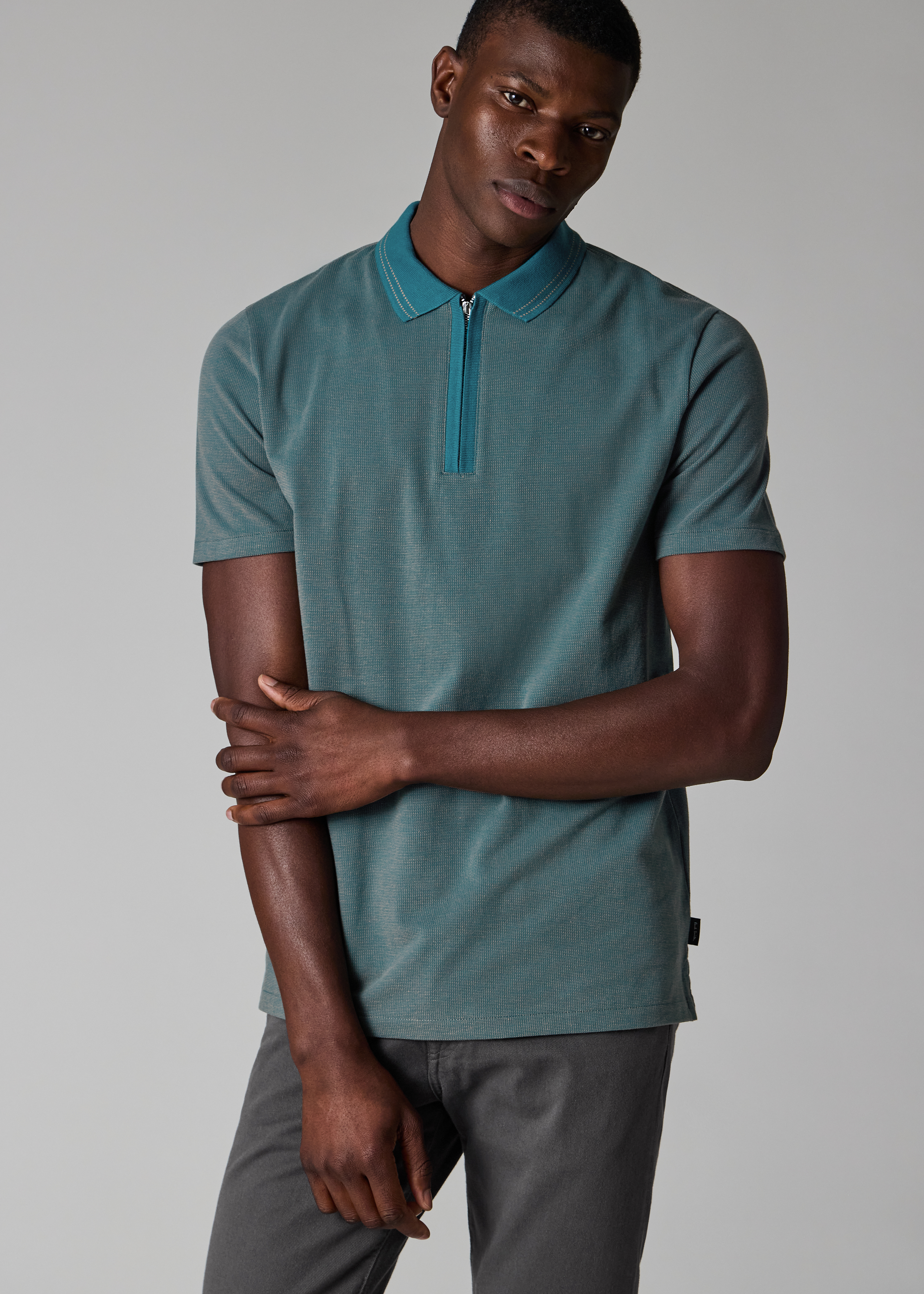 Teal Cotton Jacquard Zip-Neck Polo Shirt