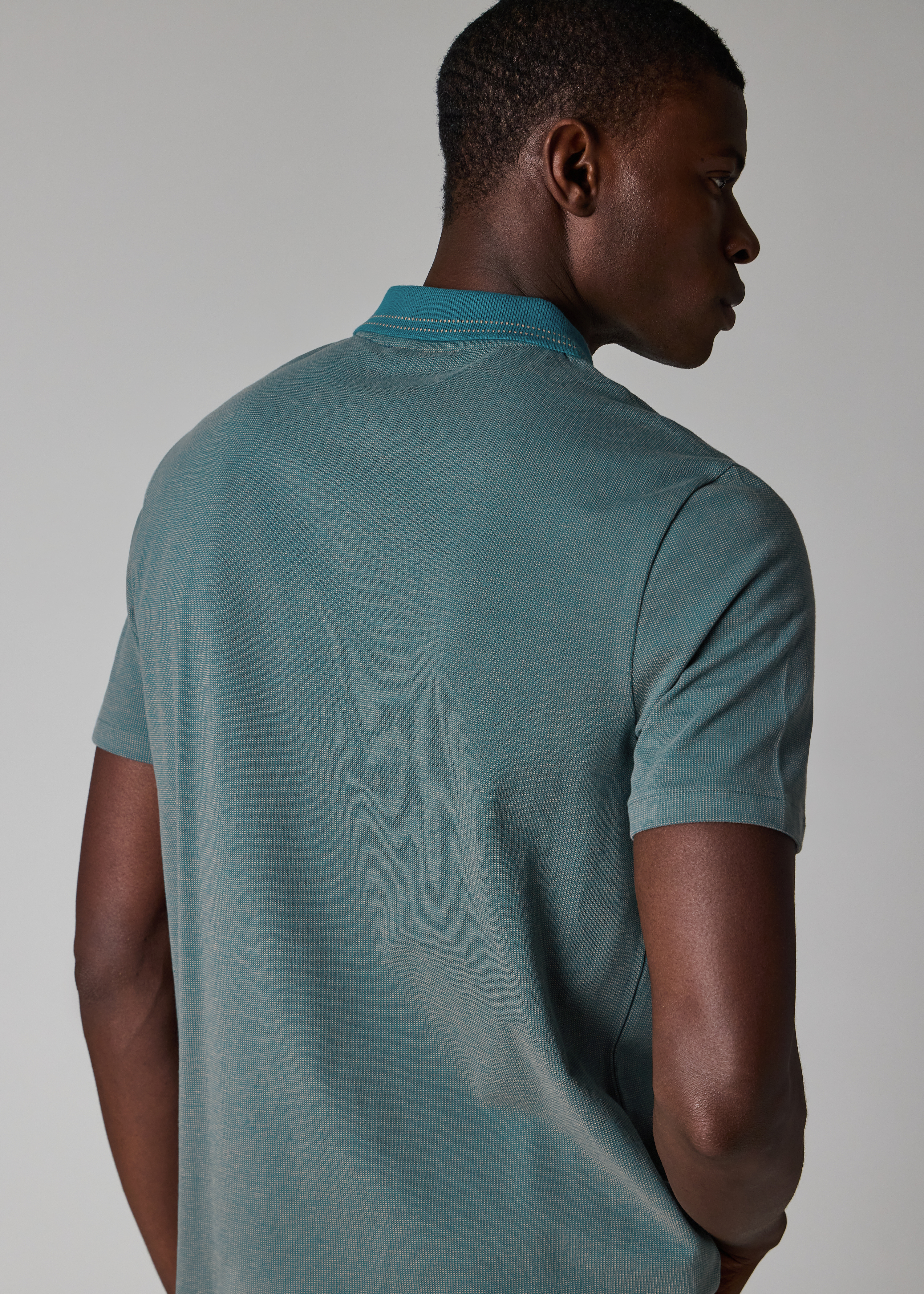Teal Cotton Jacquard Zip-Neck Polo Shirt