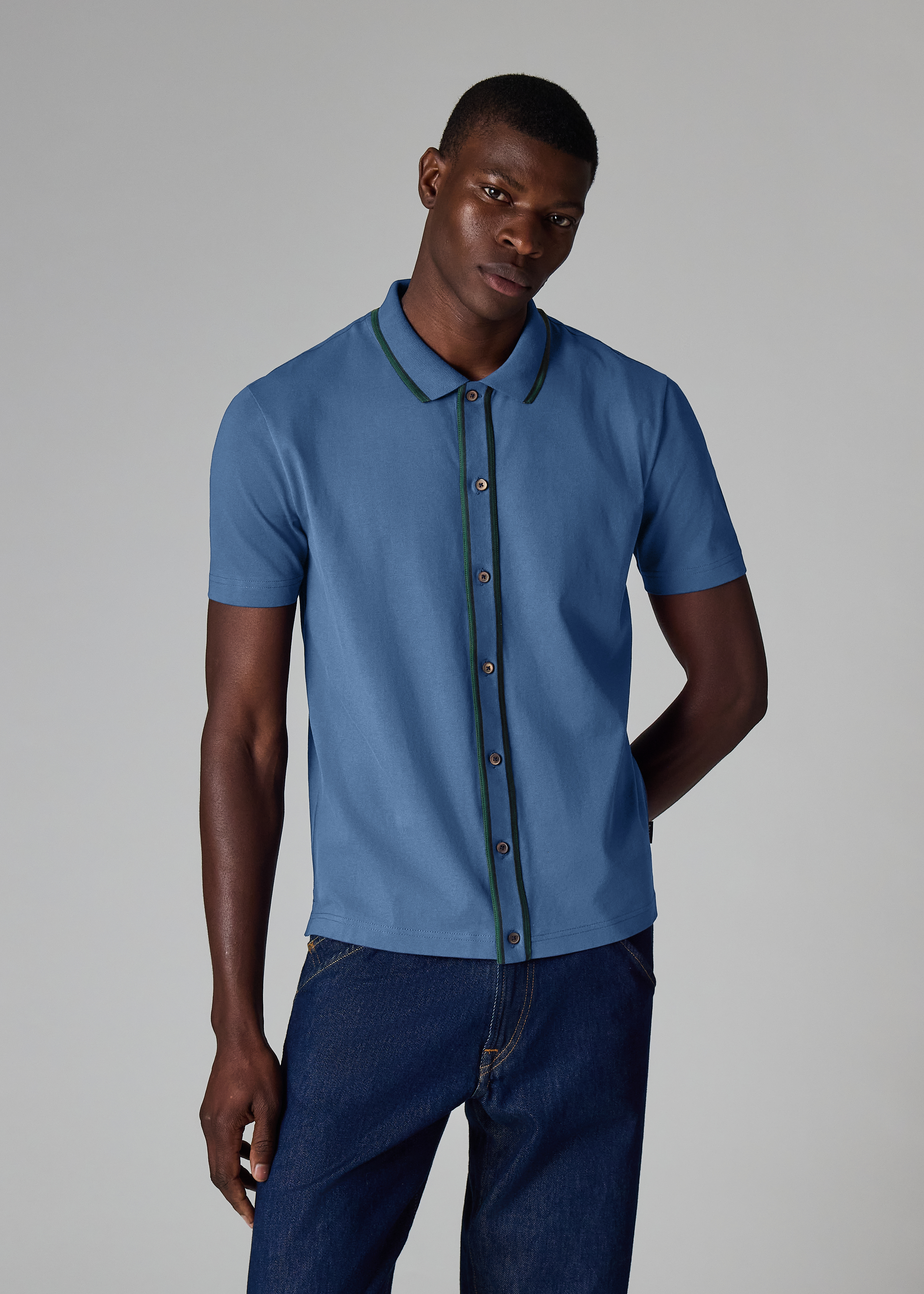 Mid Blue Button-Through Polo Shirt