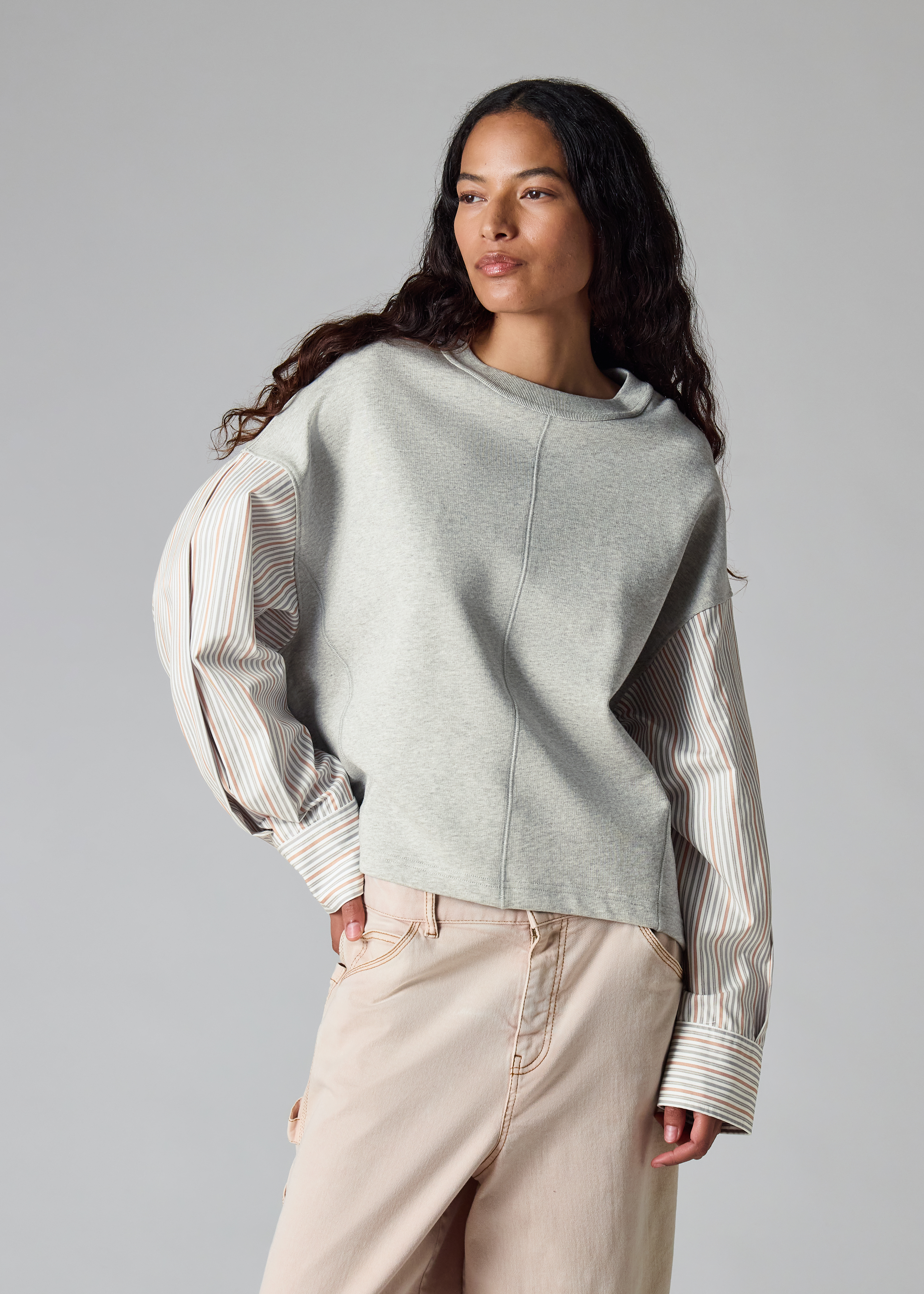 Women's Grey Sweatshirt with Striped Shirt Sleeves