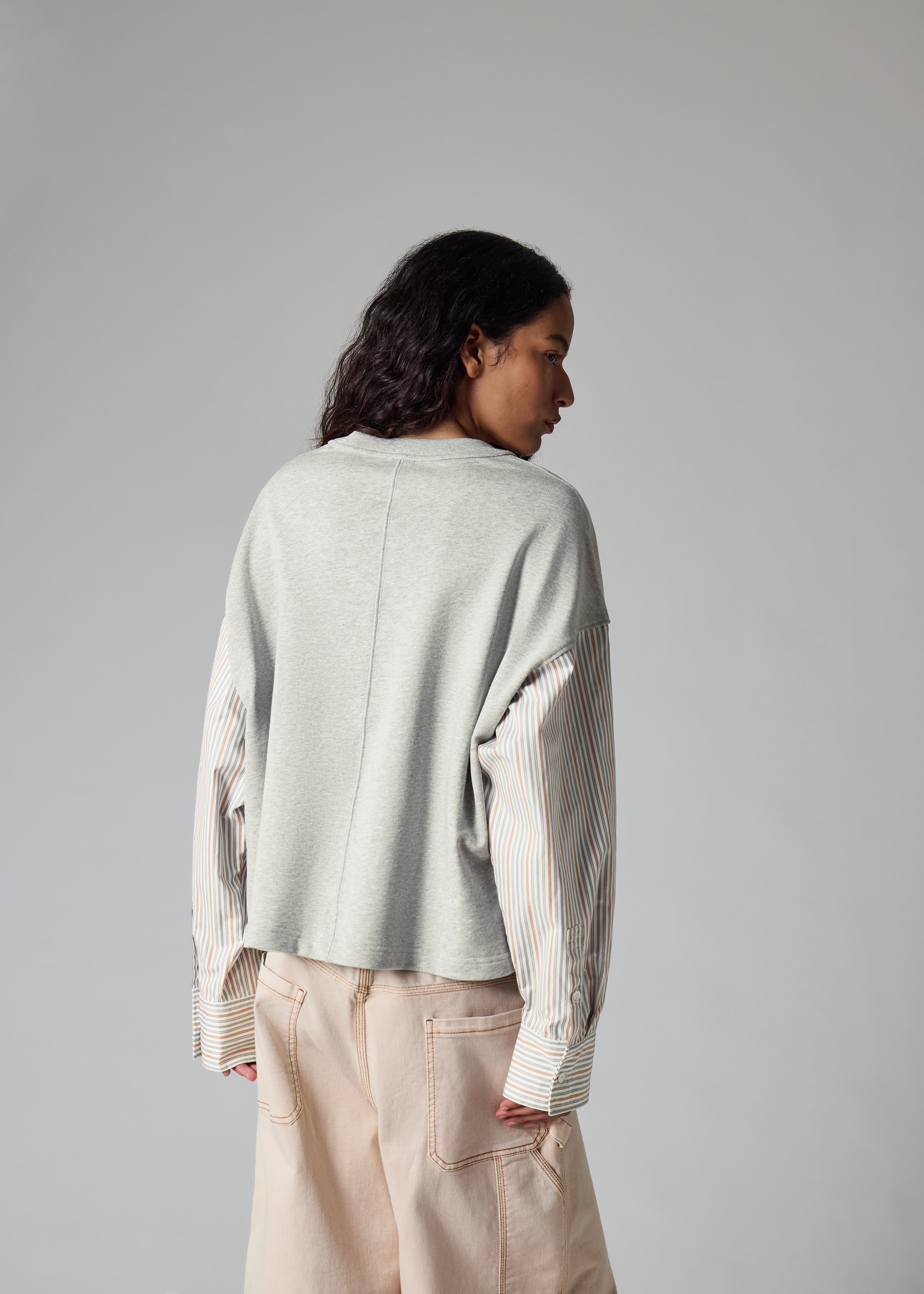 Women's Grey Sweatshirt with Striped Shirt Sleeves